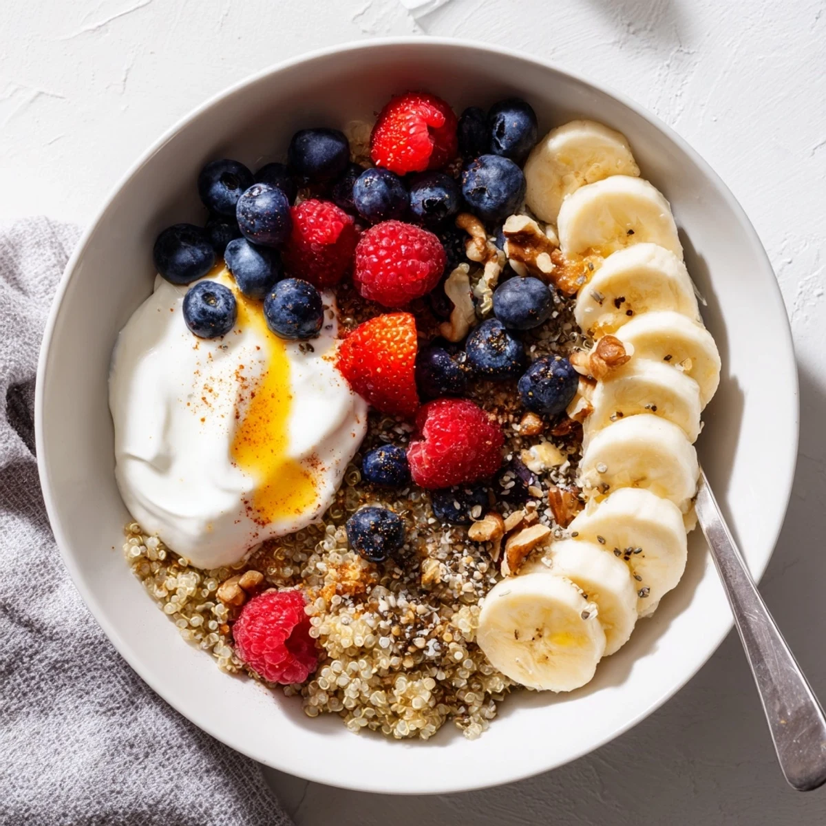 A close-up of the Dietitians Balanced Breakfast Bowl with Greek yogurt, soft-boiled eggs, and mixed berries.