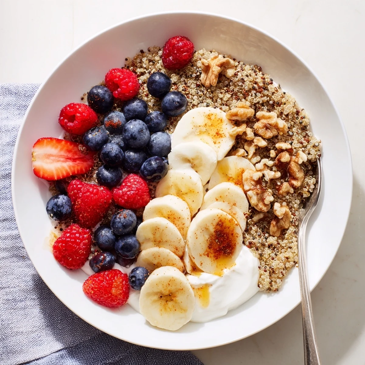 The Dietitians Balanced Breakfast Bowl features quinoa, banana slices, and walnuts arranged neatly in two ceramic bowls.