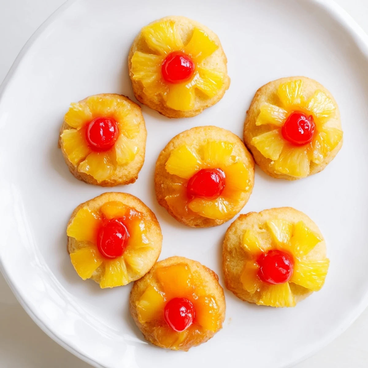 Gooey pineapple upside down sugar cookies with caramelized fruit and a cherry center baked golden.
