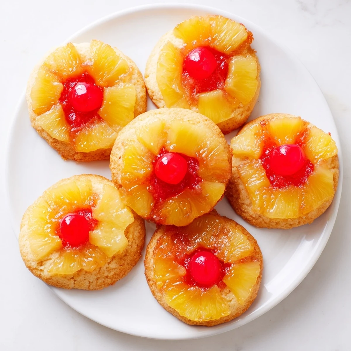 Warm pineapple upside down sugar cookies paired with vanilla ice cream on a rustic plate.