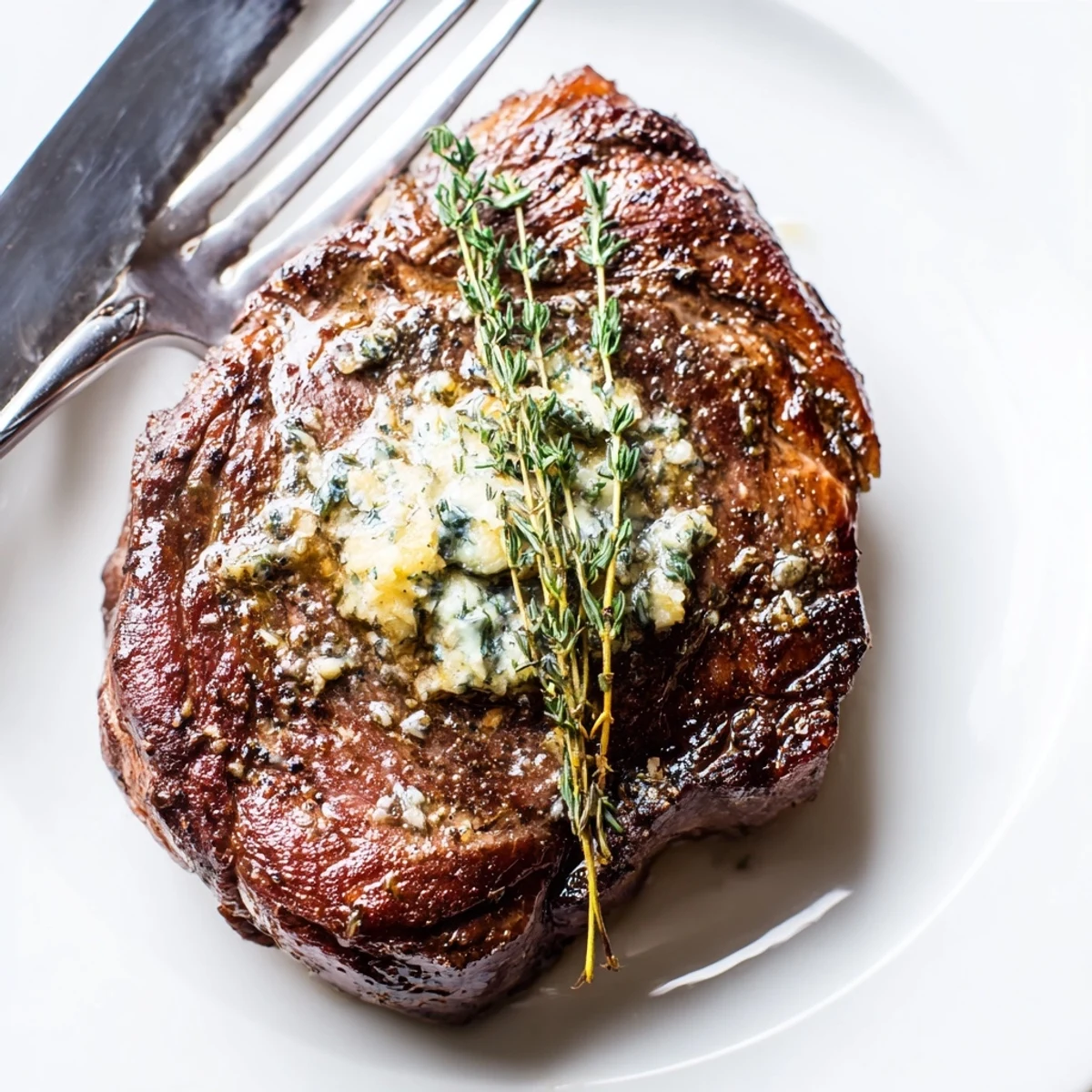 A close-up of Pan Seared Ribeye Steak with a caramelized crust and melting garlic butter on top.