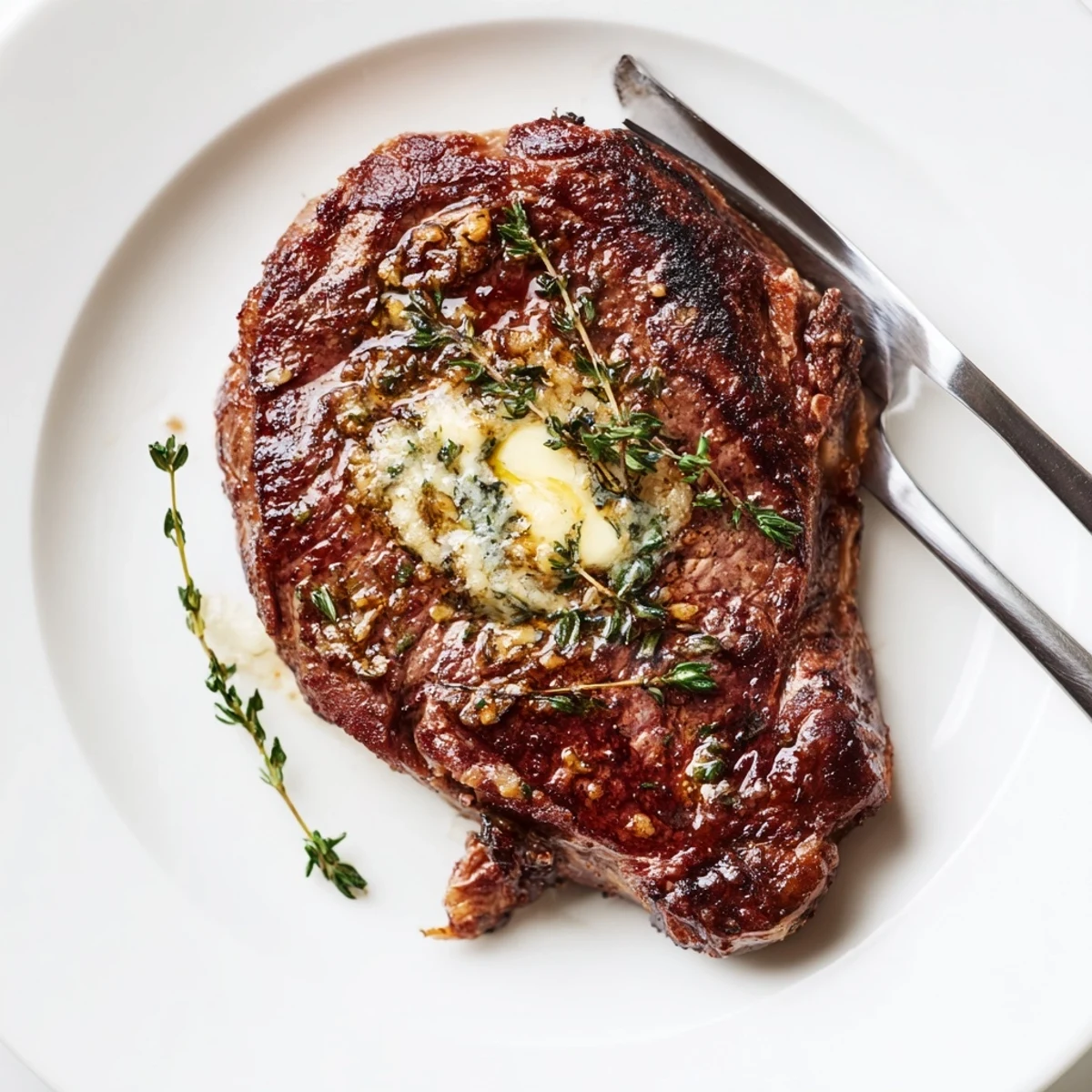 Slice of Pan Seared Ribeye Steak resting on a wooden board, showing juicy pink interior and herbs.