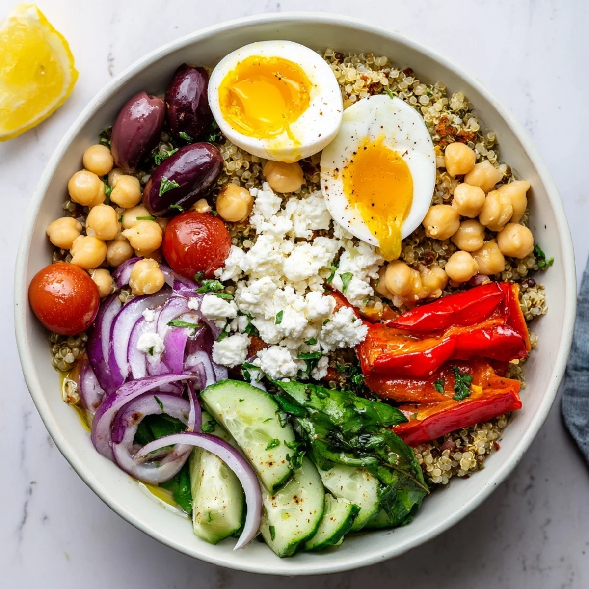 A close-up of High Protein Mediterranean Breakfast Bowls with jammy eggs, quinoa, chickpeas, and creamy feta in a colorful ceramic bowl.