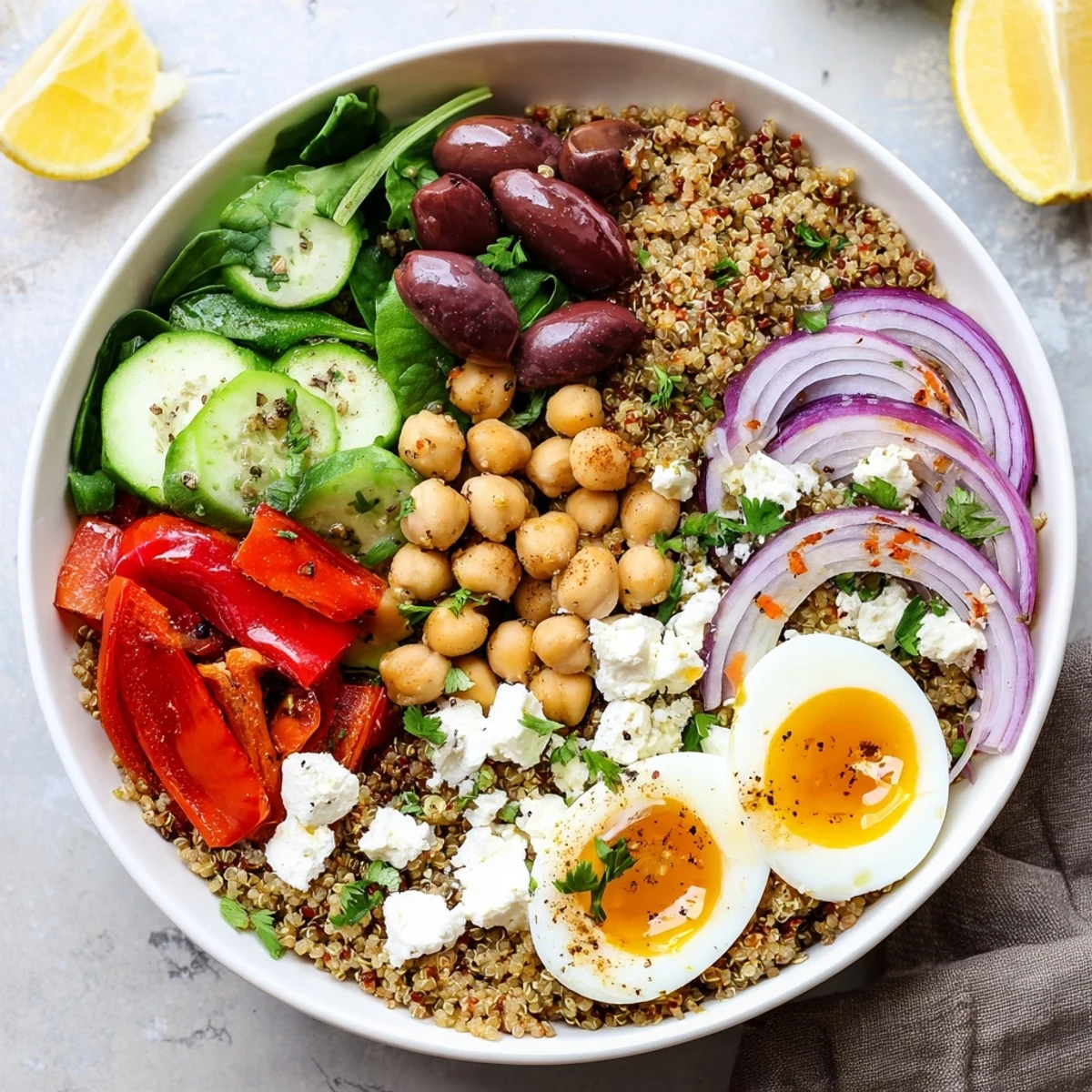 Overhead view of High Protein Mediterranean Breakfast Bowls featuring vibrant spinach, diced cucumber, red onion, and lemon wedges for a bright finish.