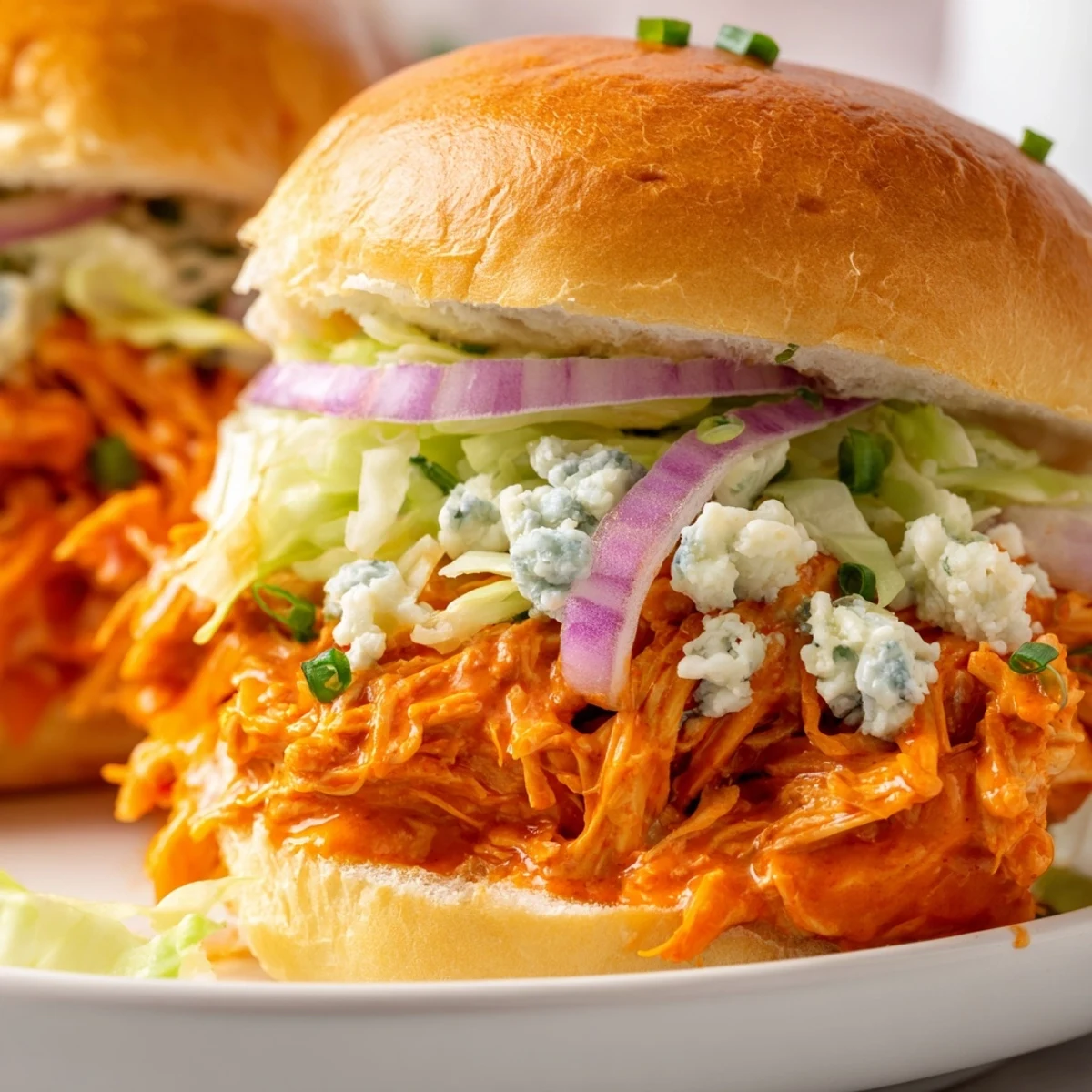 A close-up view of golden slider buns topped with shredded spicy Buffalo chicken, creamy blue cheese crumbles, crisp iceberg lettuce, and red onion slices on a rustic wooden board.