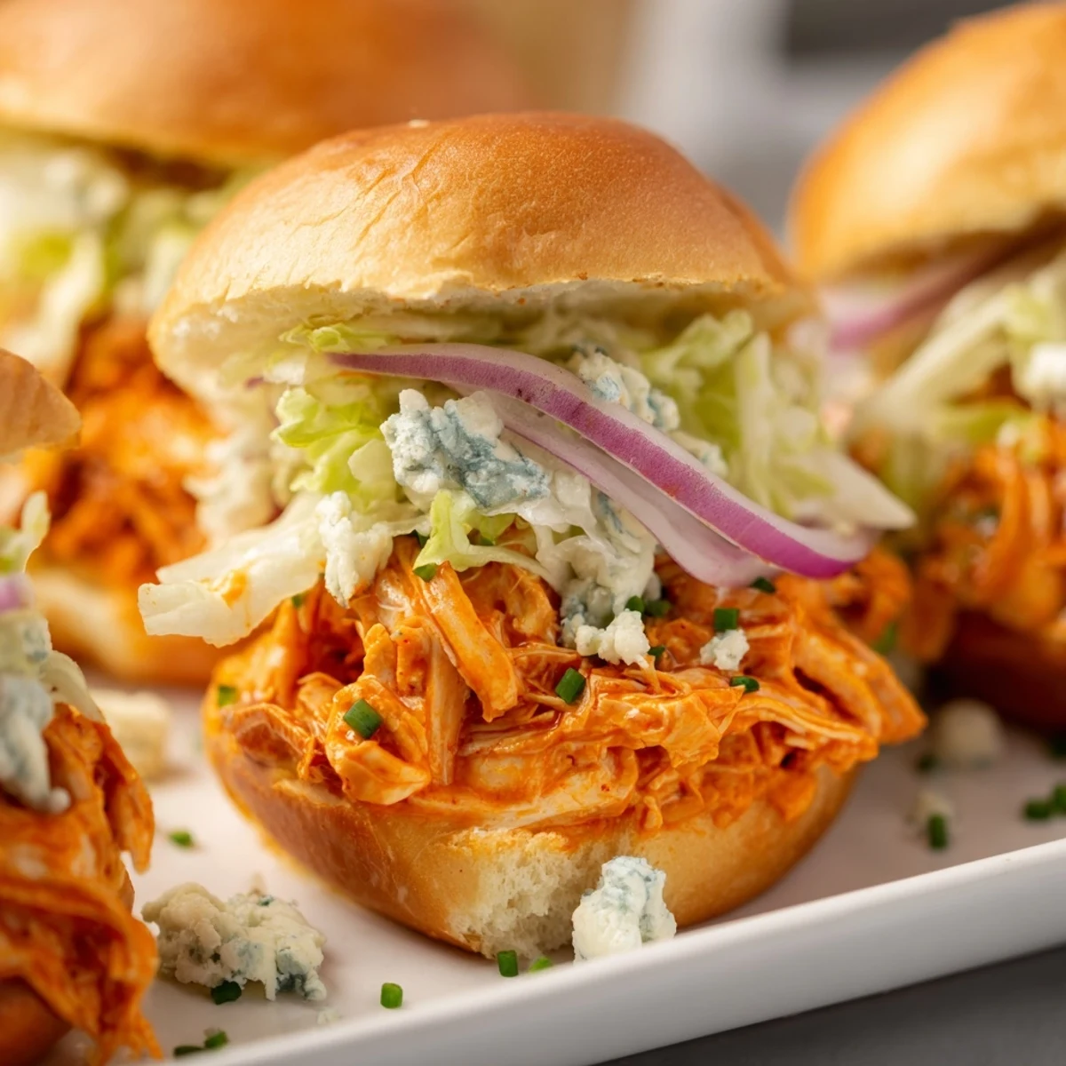 Warm Spicy Buffalo Chicken Sliders served on a white ceramic plate with a drizzle of ranch and extra blue cheese, ideal for casual gatherings.