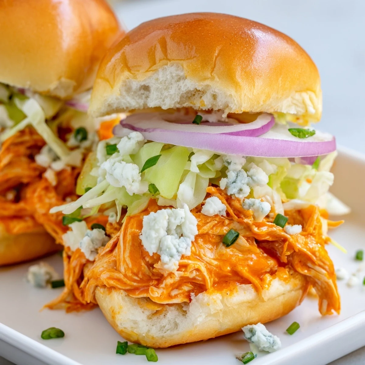 Freshly baked Spicy Buffalo Chicken Sliders arranged on a parchment-lined baking sheet with celery sticks, ready for a game day party platter.