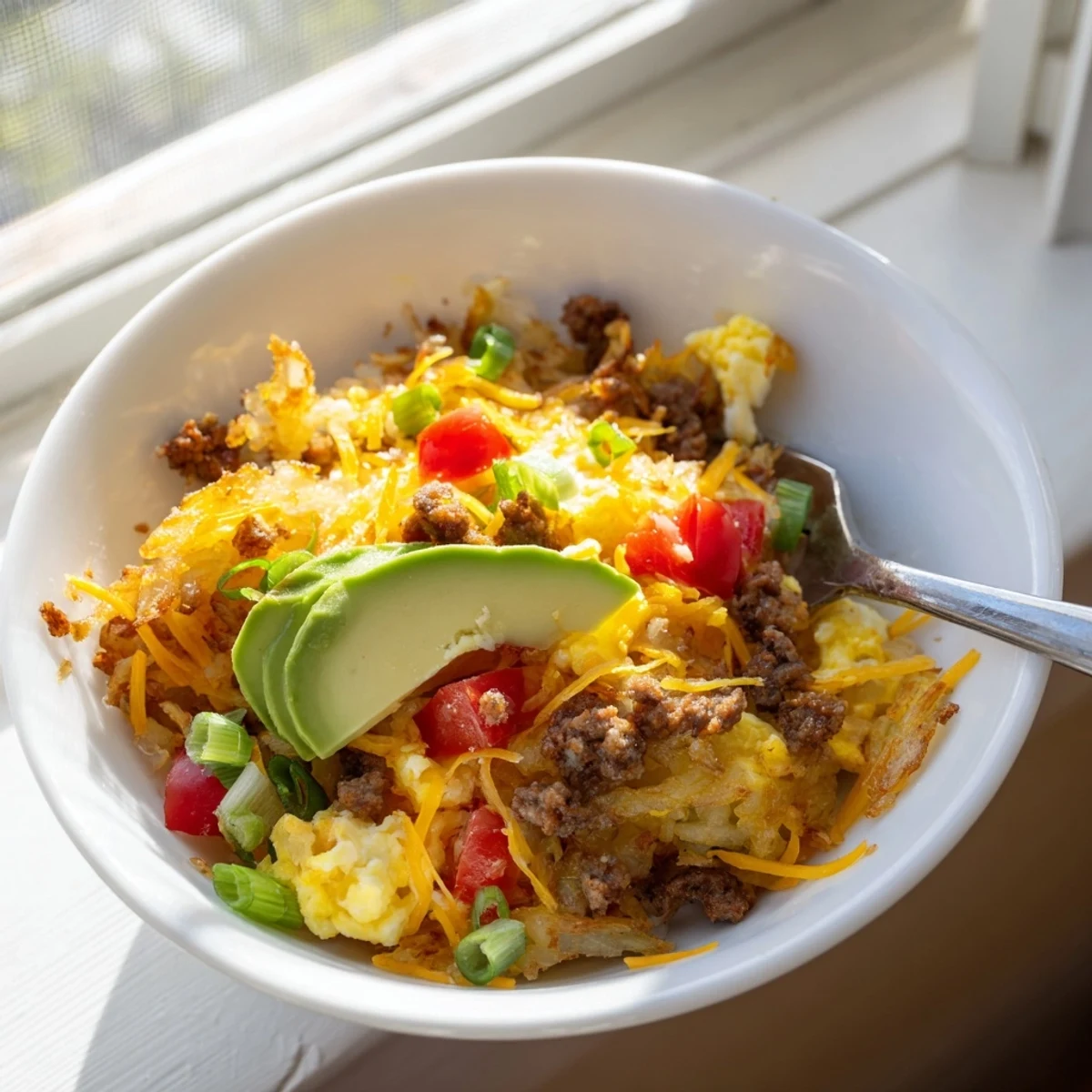 Golden crispy hash browns topped with fluffy scrambled eggs, savory sausage, and melted cheddar cheese in a breakfast bowl.