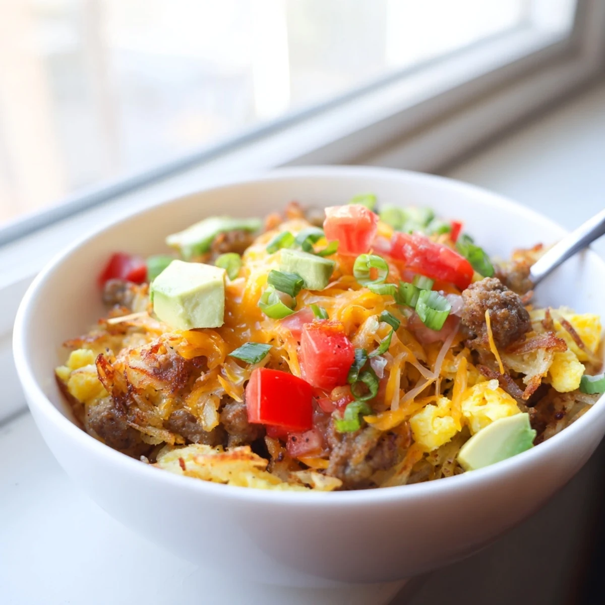 Hearty Hash Brown Breakfast Bowls garnished with fresh avocado and cheddar, served warm for an easy American-style morning meal.