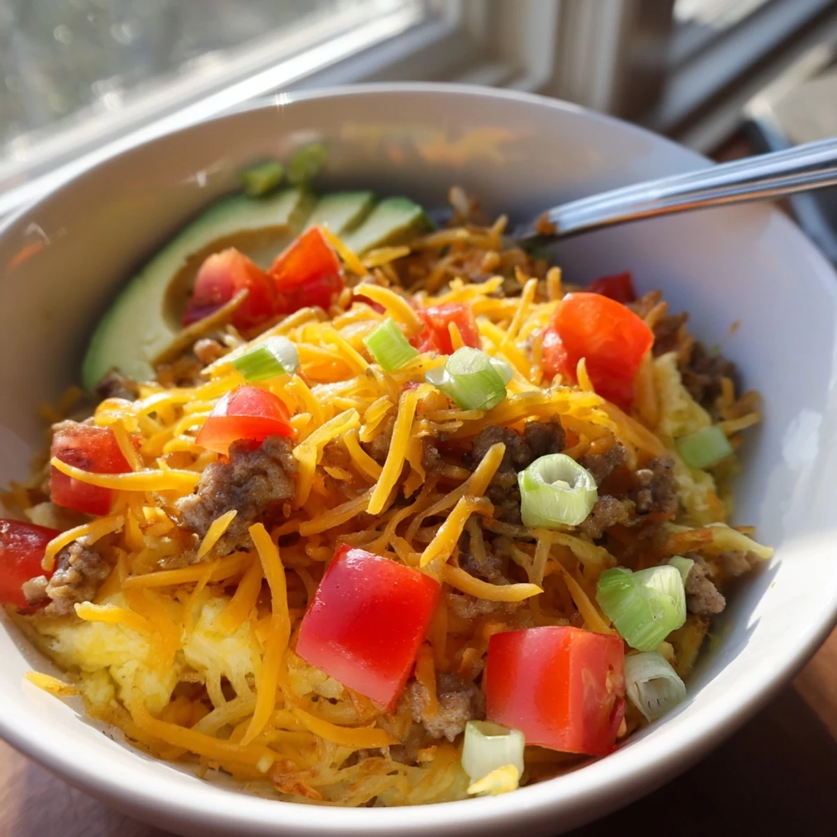 Savory breakfast bowl with crispy hash browns, scrambled eggs, sausage, avocado, tomatoes, and green onions ready to eat.