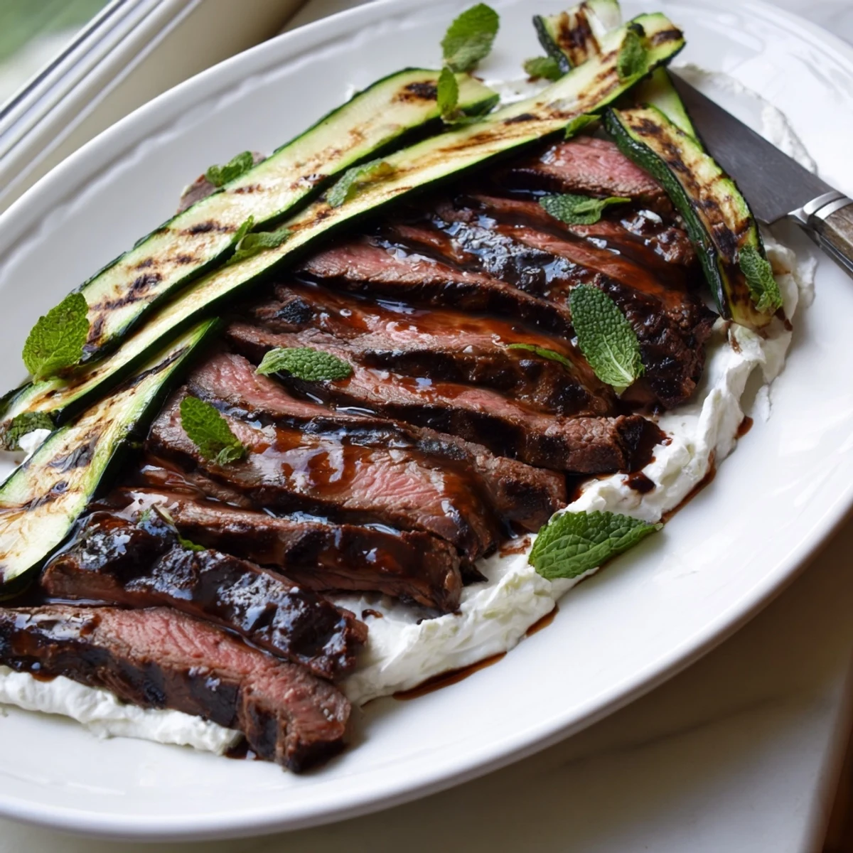 Grilled flank steak slices drizzled with balsamic glaze and creamy whipped feta next to charred zucchini planks.