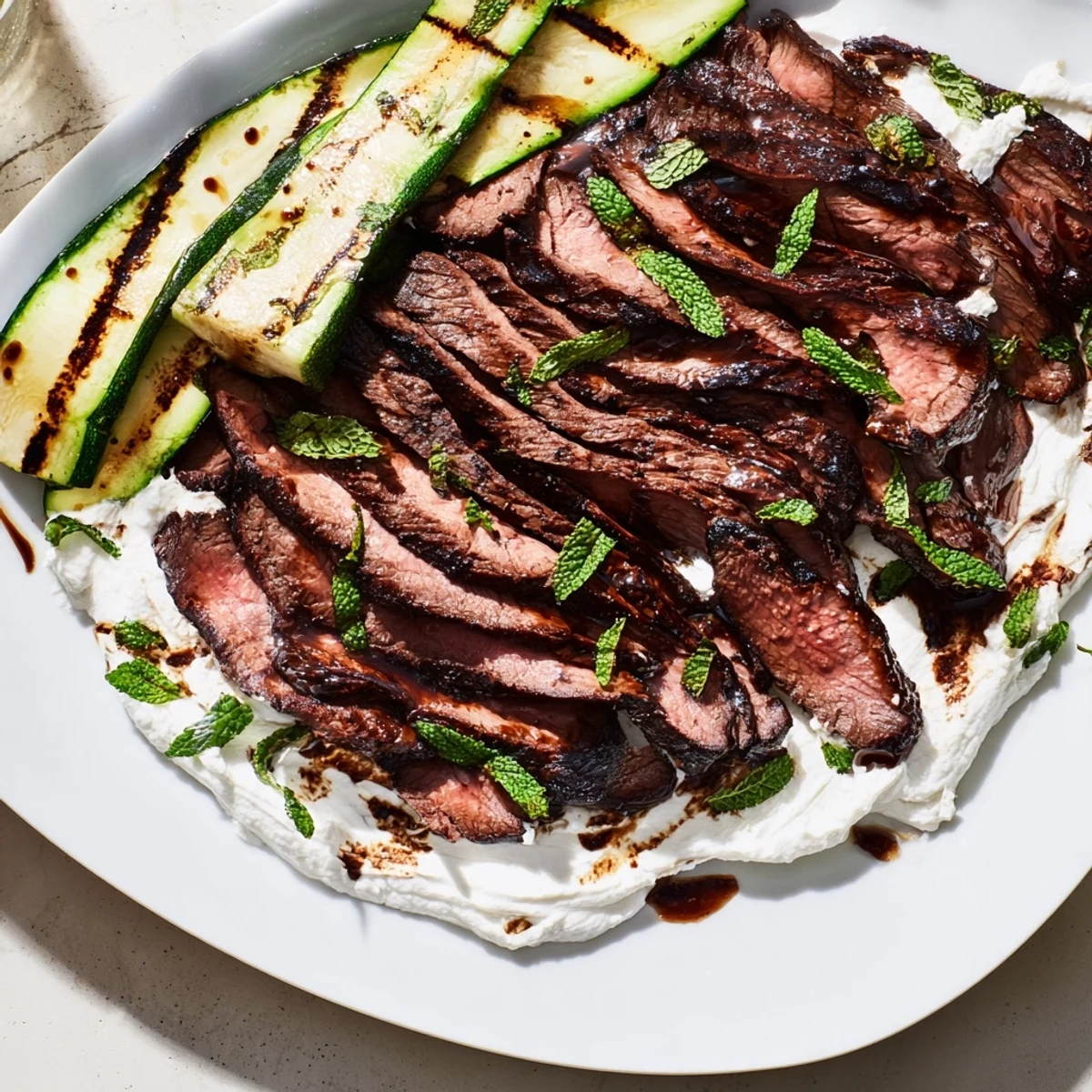 Tender marinated steak, smoky grilled zucchini, and tangy whipped feta arranged on a white platter for serving.