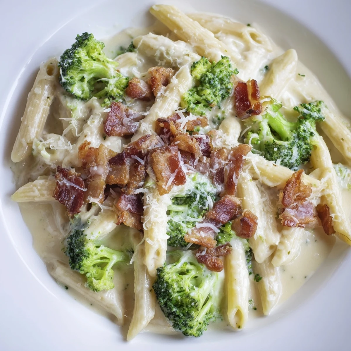 Golden crispy bacon, tender broccoli florets, and creamy Parmesan sauce coating penne pasta in a warm skillet.  