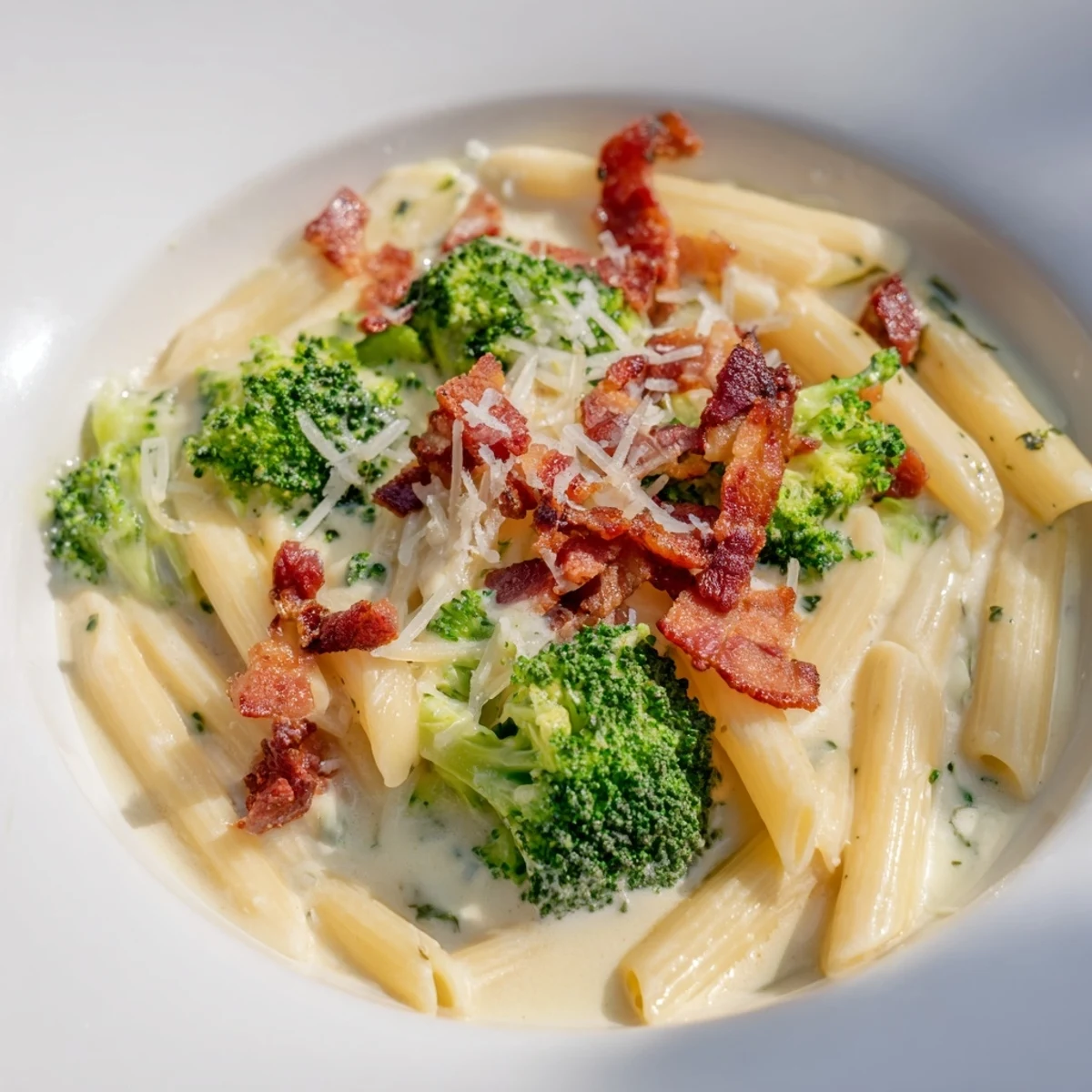 Savory Bacon Broccoli and Parmesan Pasta served steaming hot, topped with extra grated Parmesan and red pepper flakes.  
