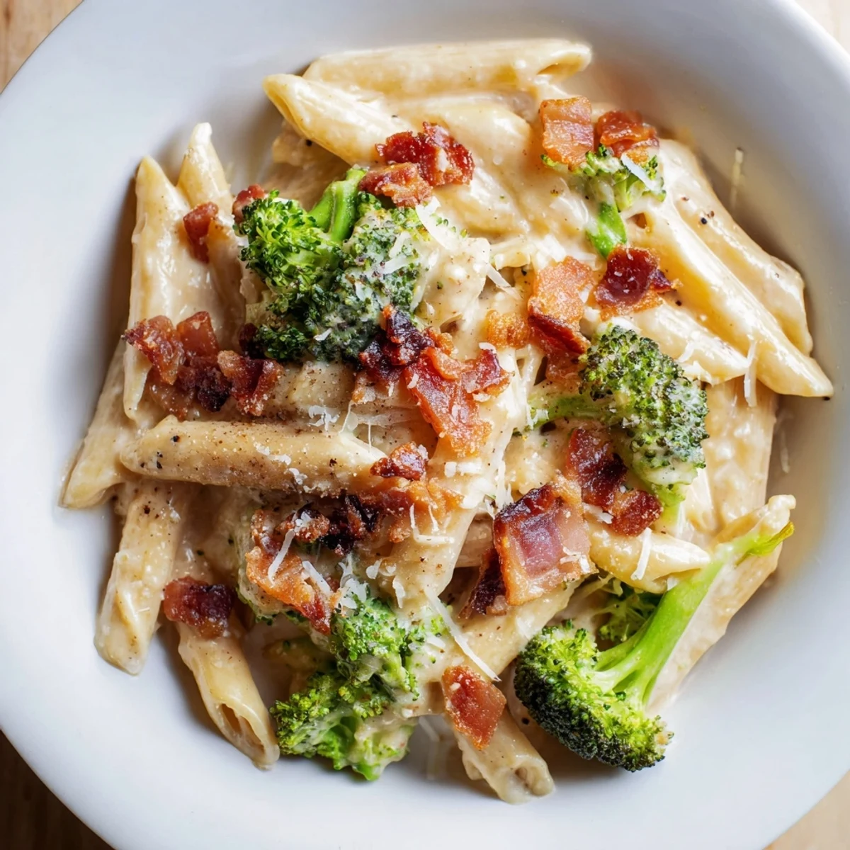 Fork-tender pasta with bright green broccoli and smoky bacon in a rich creamy sauce on a white plate.