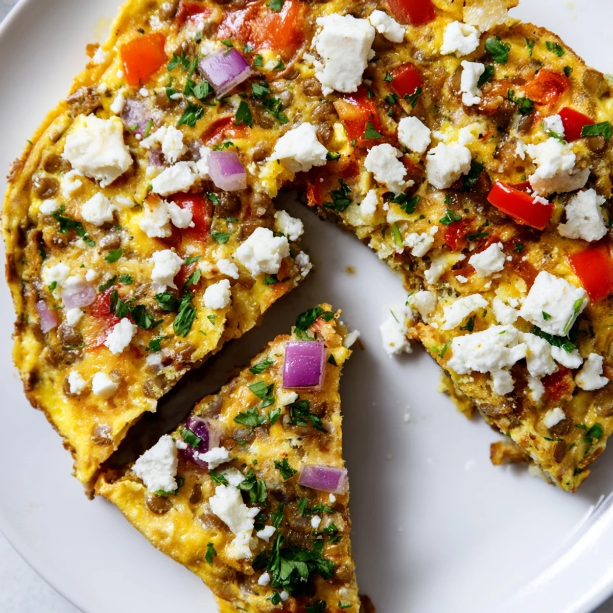 Freshly baked Healthy Lentil and Feta Frittata with golden edges, spinach, and red bell pepper served on a wooden board.
