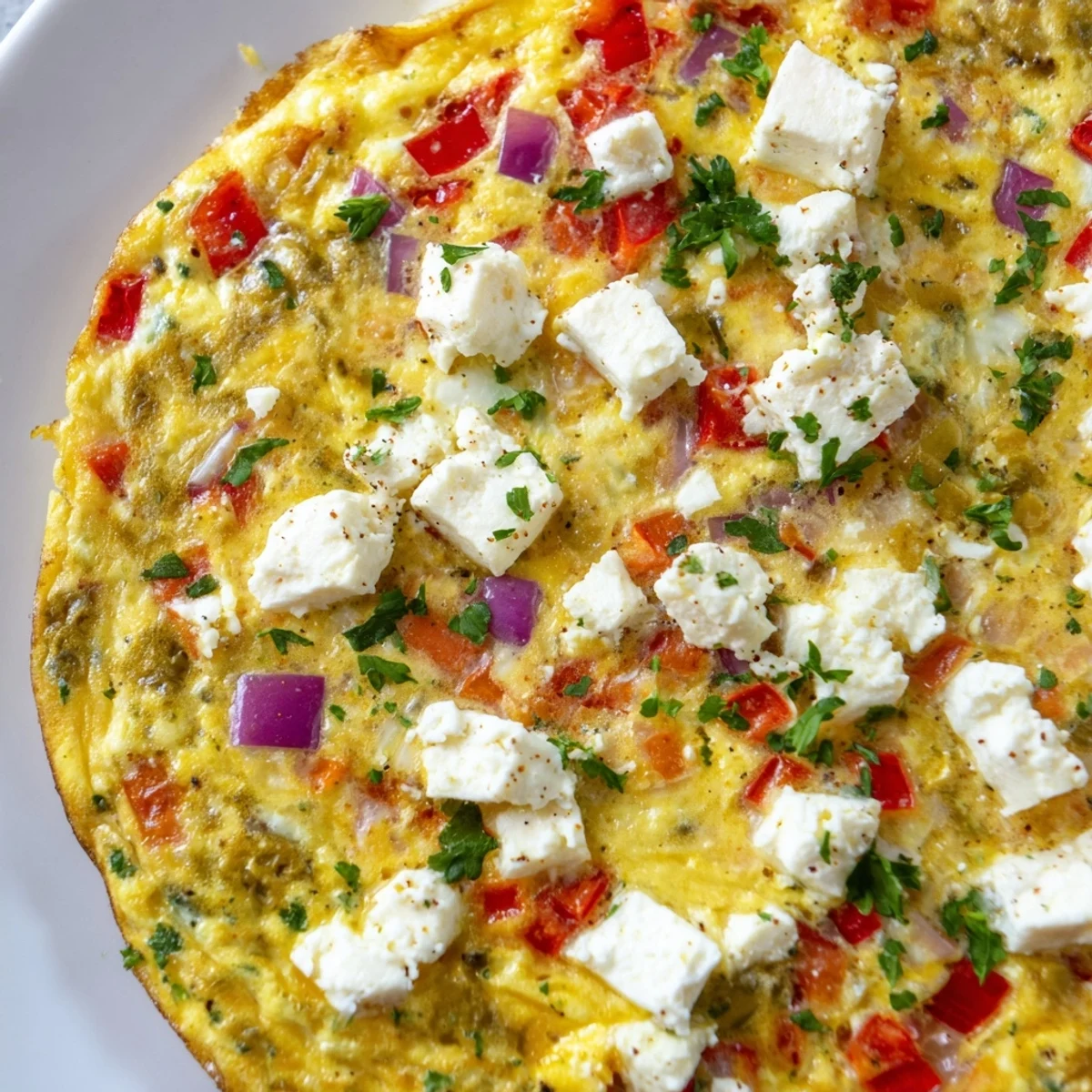 A slice of Healthy Lentil and Feta Frittata reveals fluffy eggs, tender lentils, and crumbled feta on a white plate.