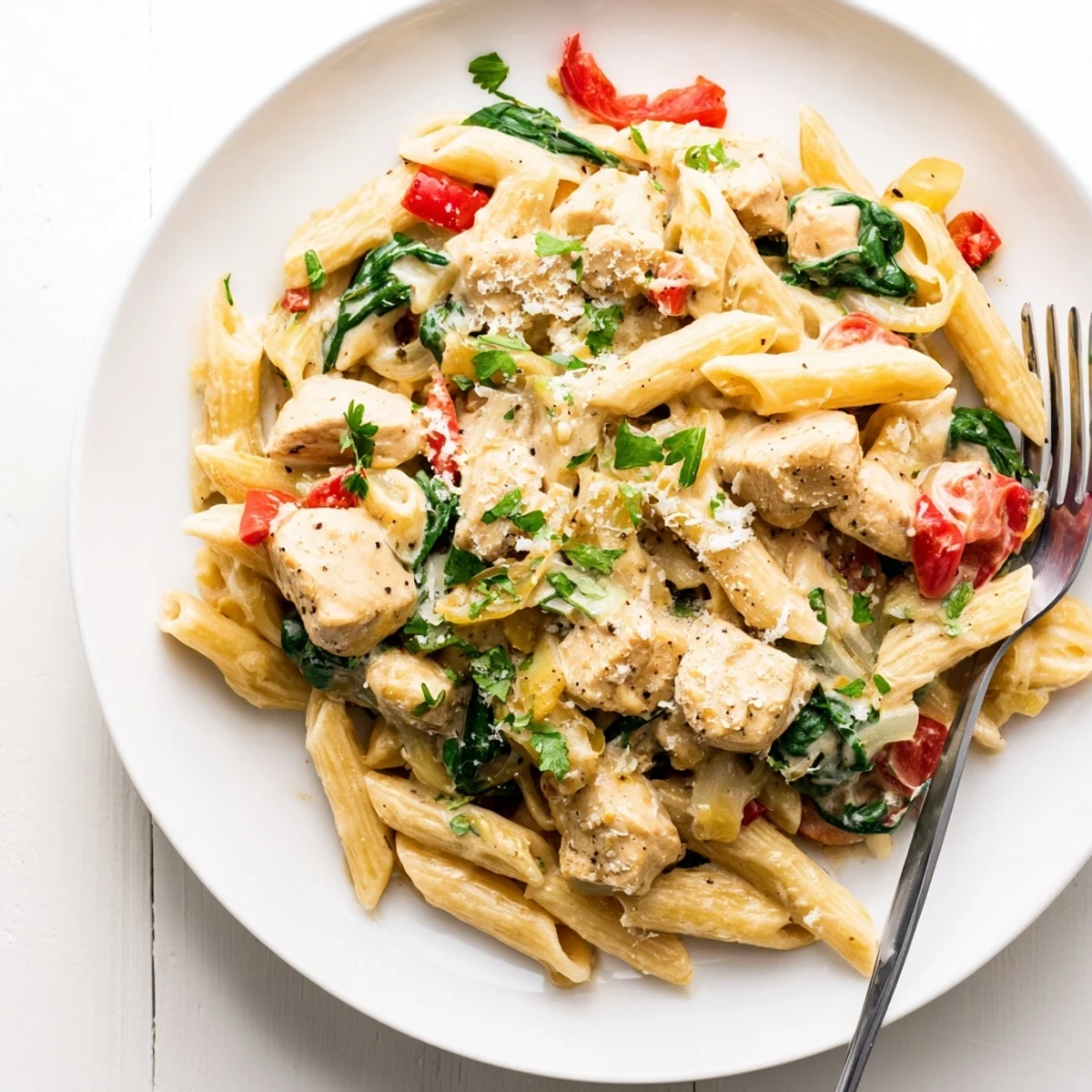 A close-up of One Pan Creamy Chicken Pasta with sautéed bell pepper and spinach in a creamy sauce.  