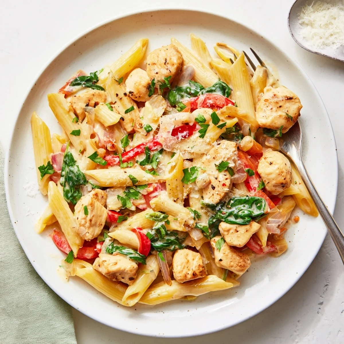 One Pan Creamy Chicken Pasta served in a skillet, garnished with parsley and Parmesan, alongside a green salad.  