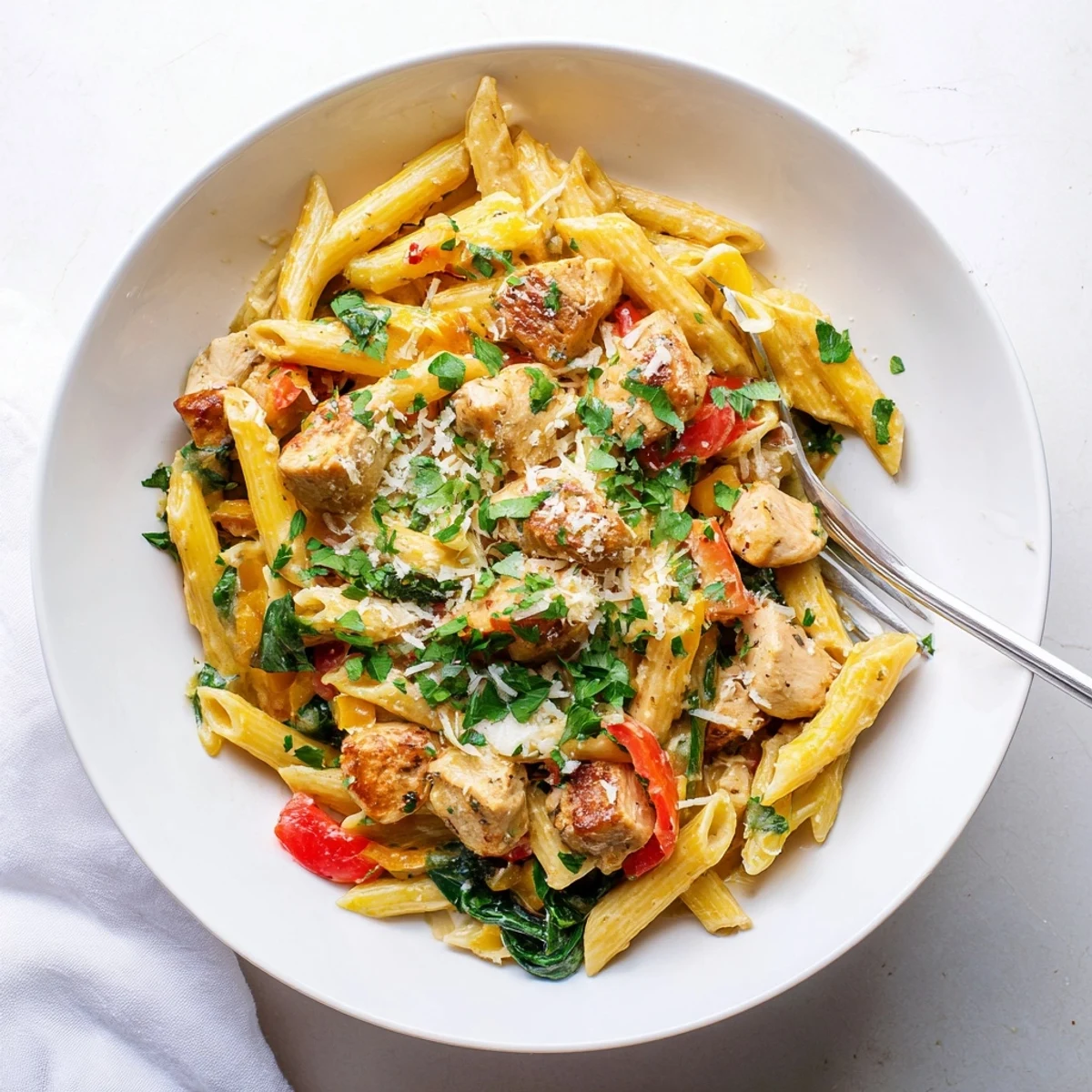 Steam rises from One Pan Creamy Chicken Pasta featuring tender chicken pieces and al dente penne in a rich sauce.