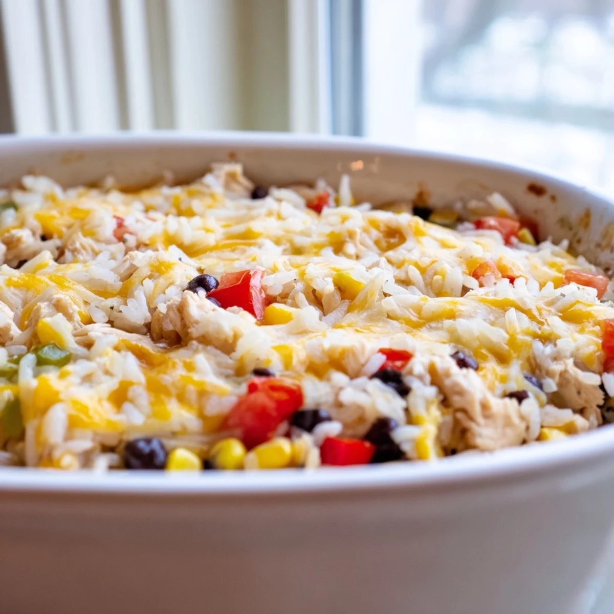 A close-up of Mexican Chicken and Rice Bake, with melted cheese, tender chicken, and colorful veggies in a 9x13-inch dish.