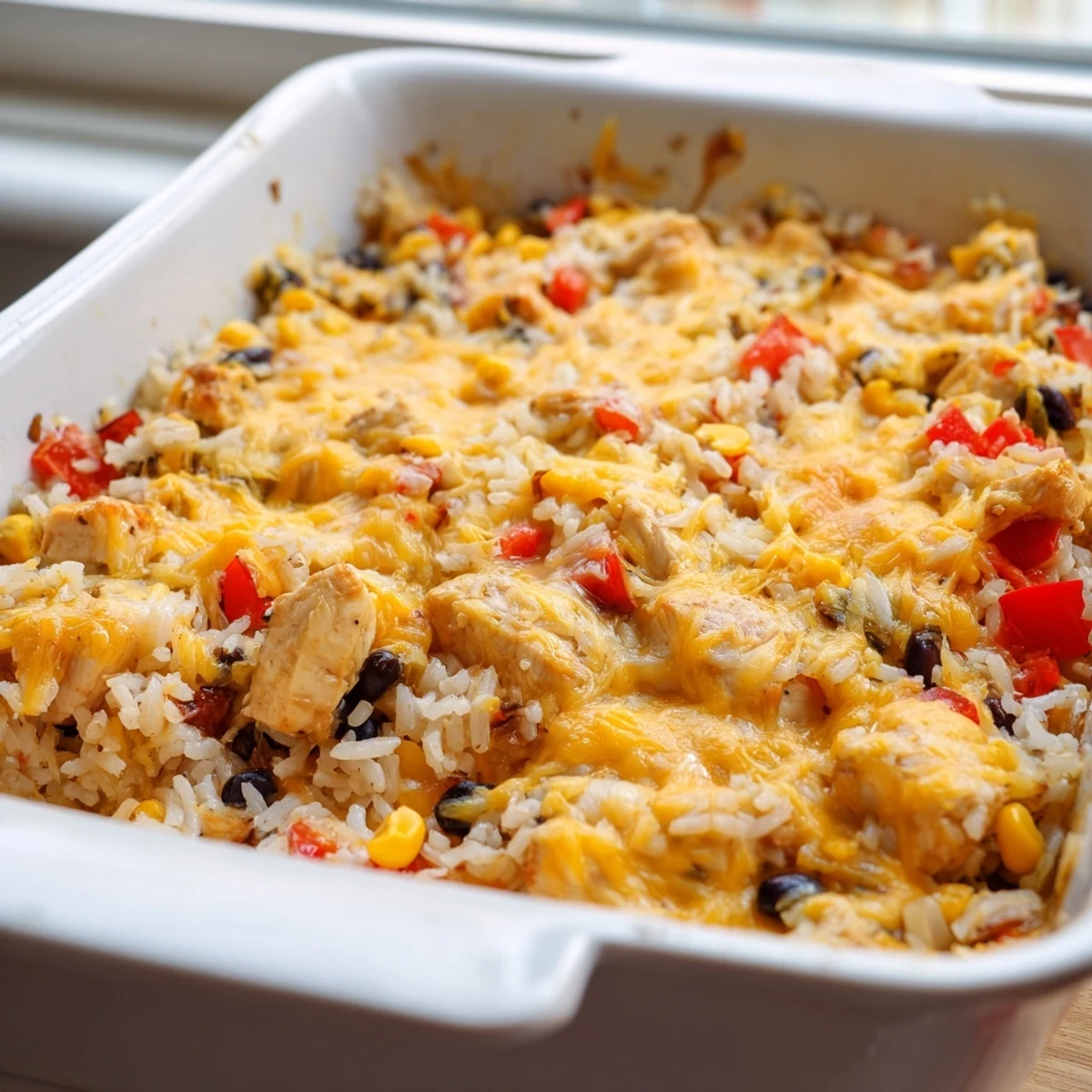 Overhead shot of a bubbling Mexican Chicken and Rice Bake, garnished with fresh cilantro and lime wedges on a rustic table.