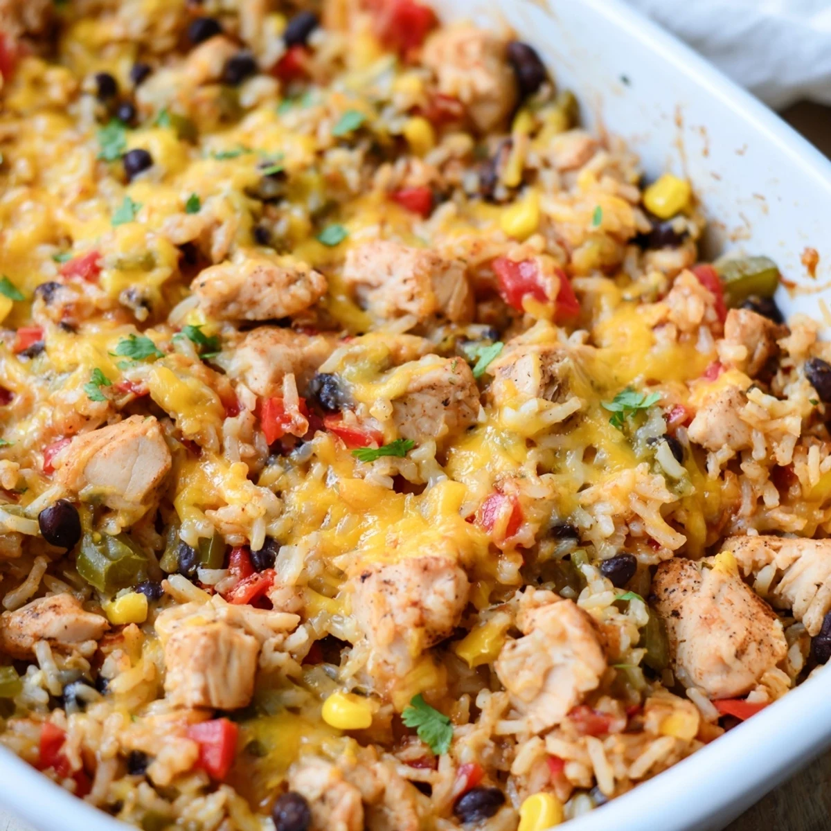 Serving suggestion for Mexican Chicken and Rice Bake, with sour cream, jalapeños, and tortilla chips alongside the cheesy casserole.