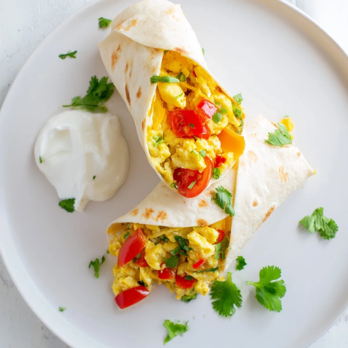 Served on a plate with a dollop of sour cream, this Tex Mex Egg Tortilla Pocket highlights fluffy eggs, black beans, and fresh veggies inside a soft tortilla.