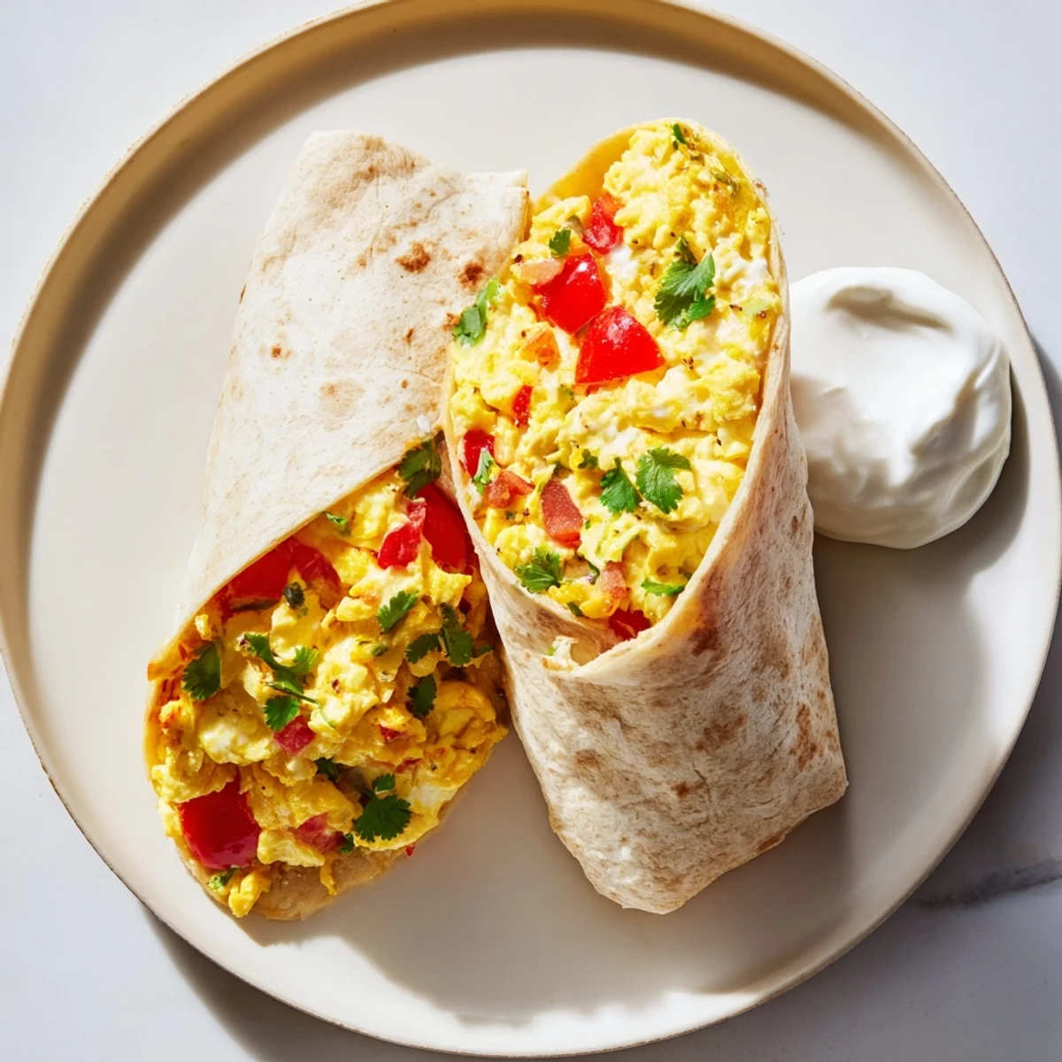 Golden scrambled eggs with diced red and green peppers, cheddar, and cilantro are wrapped in warm flour tortillas, forming a Tex Mex Egg Tortilla Pocket ready for breakfast.
