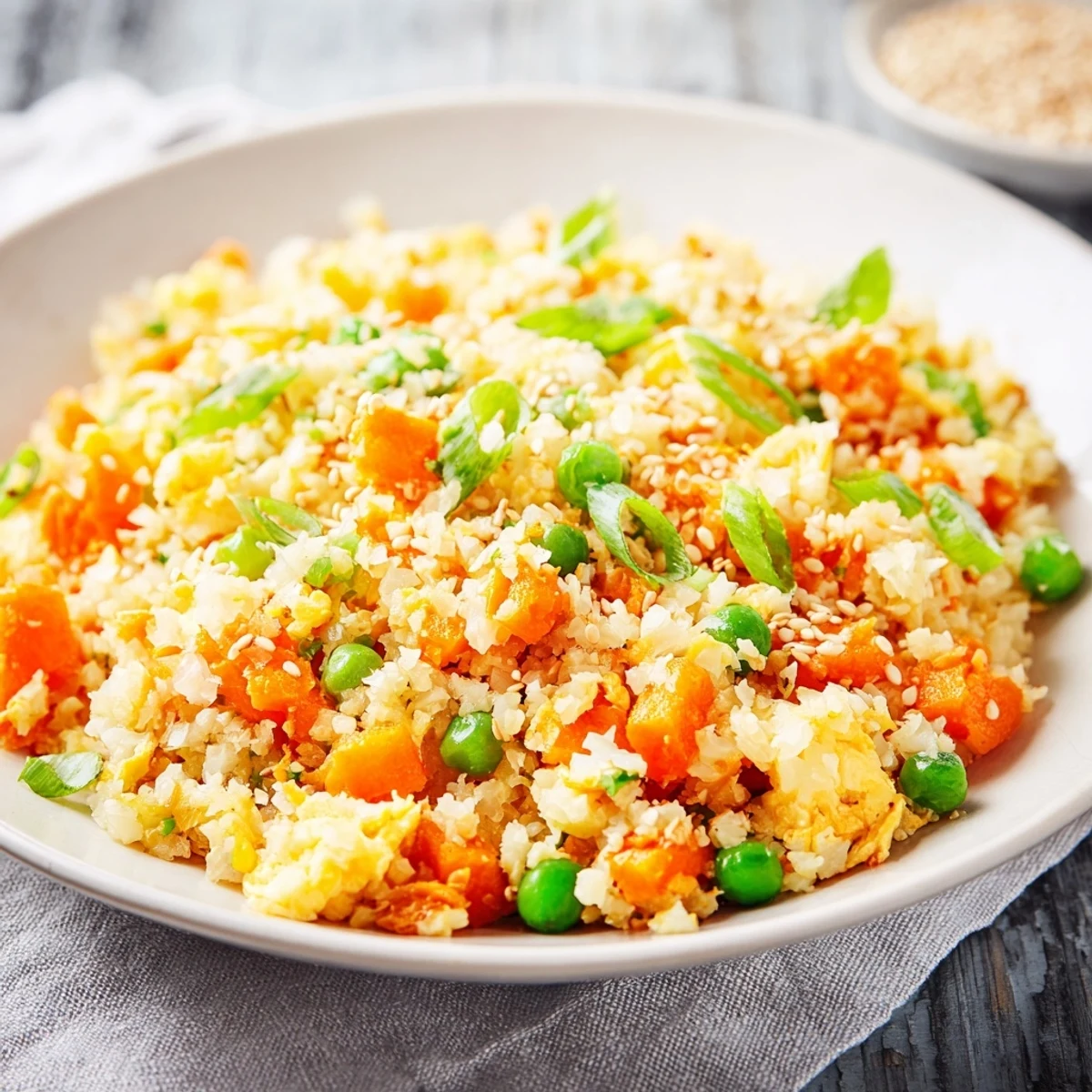 A close-up of low-carb cauliflower fried rice with kimchi and eggs, garnished with green onions and sesame seeds.