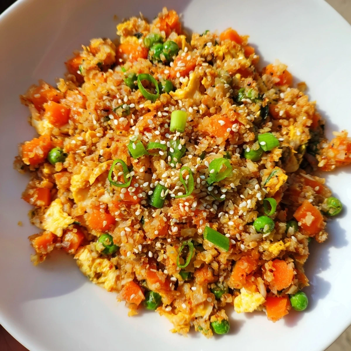 A serving of easy cauliflower fried rice with kimchi and eggs, featuring colorful veggies and a soft scramble in a skillet.