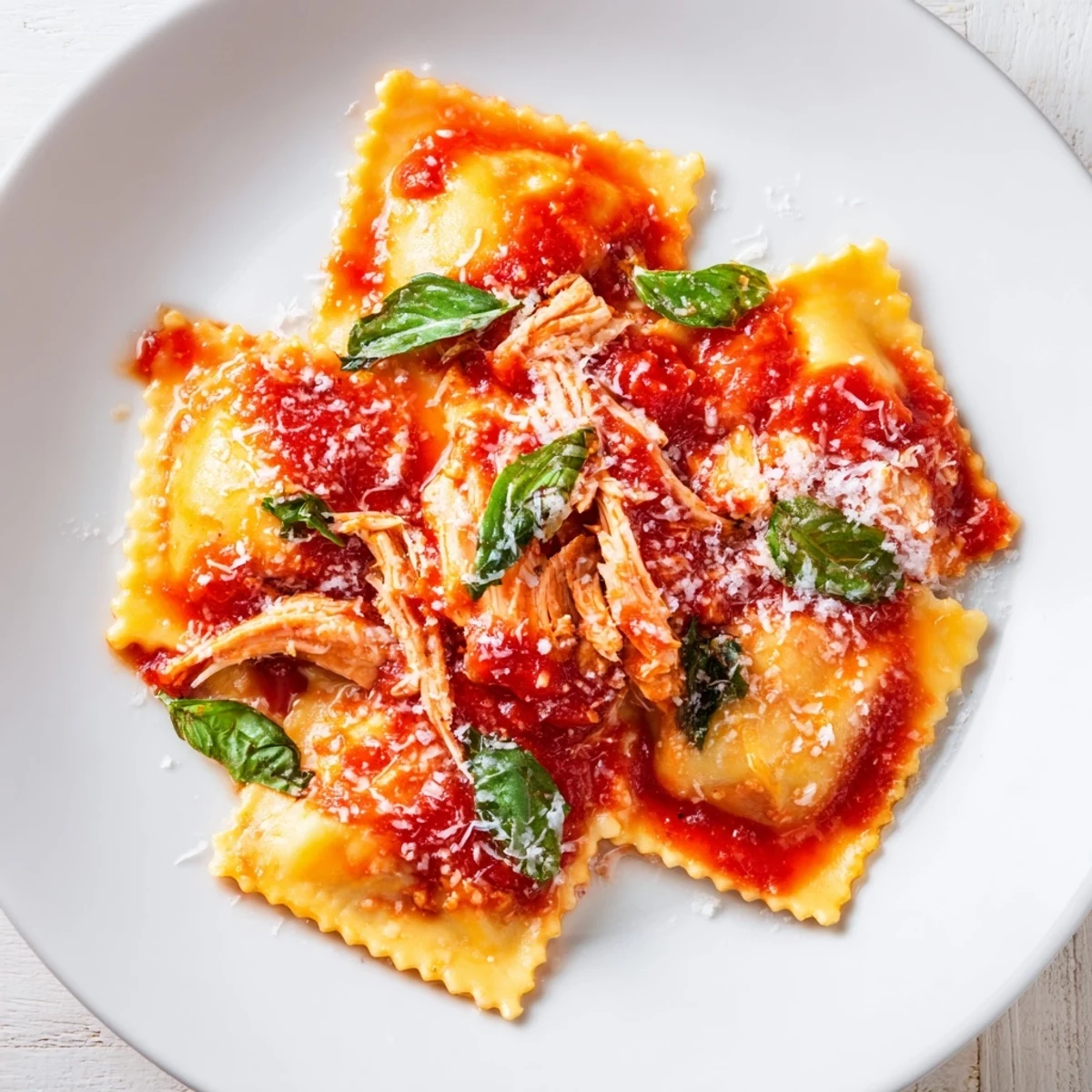 A plate of homemade Chicken and Mushroom Ravioli with Simple Tomato Sauce, garnished with grated Parmesan and parsley.