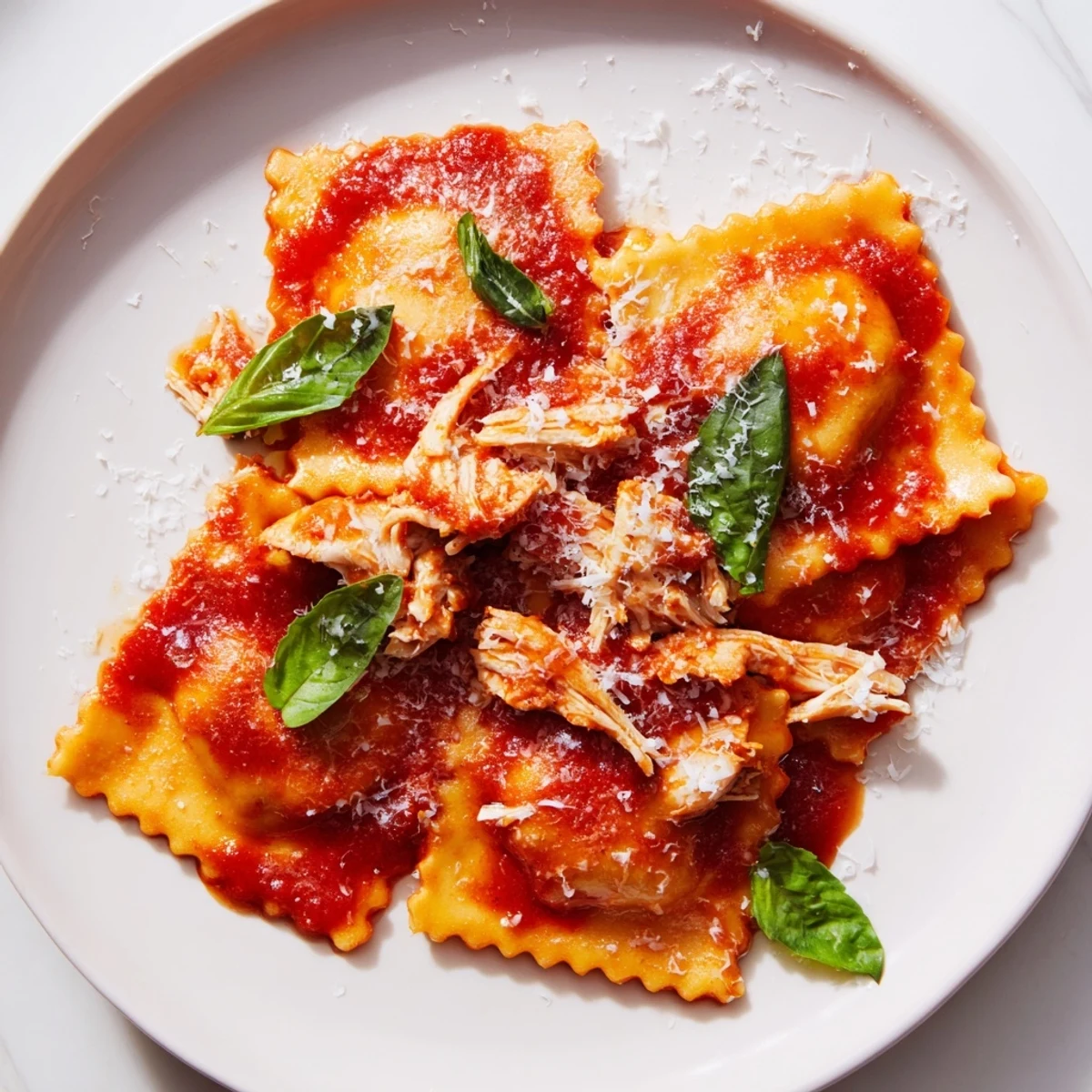 Golden-brown ravioli filled with chicken and mushrooms, topped with a bright red tomato sauce and fresh basil.