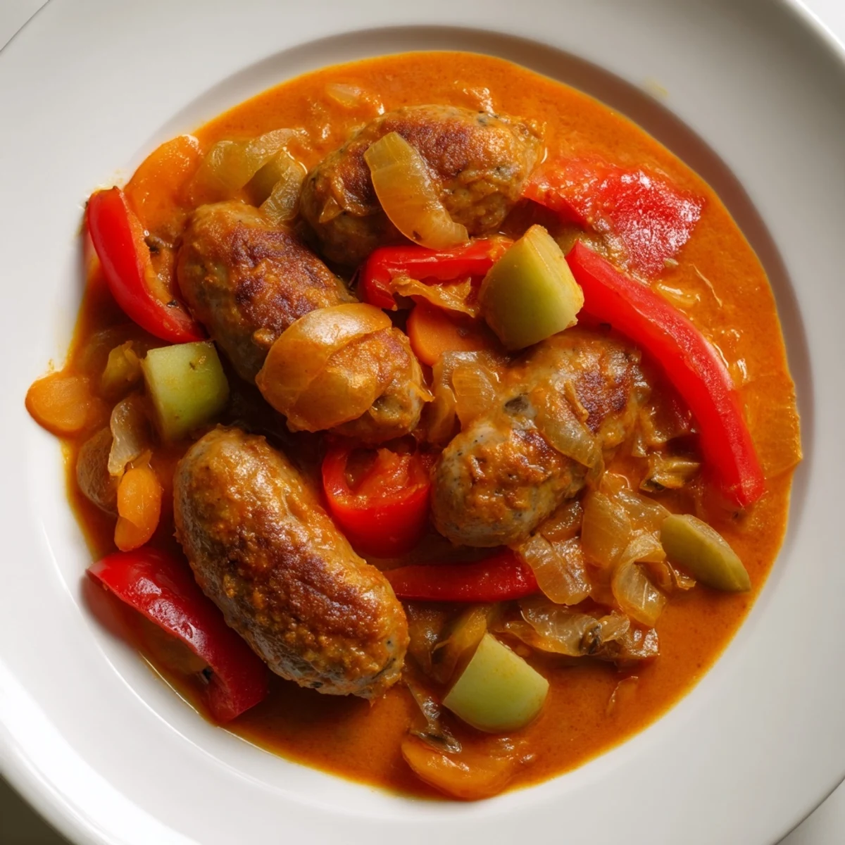 Close-up of Sweet and Savory Sausage Curry in a skillet with a creamy yogurt swirl.
