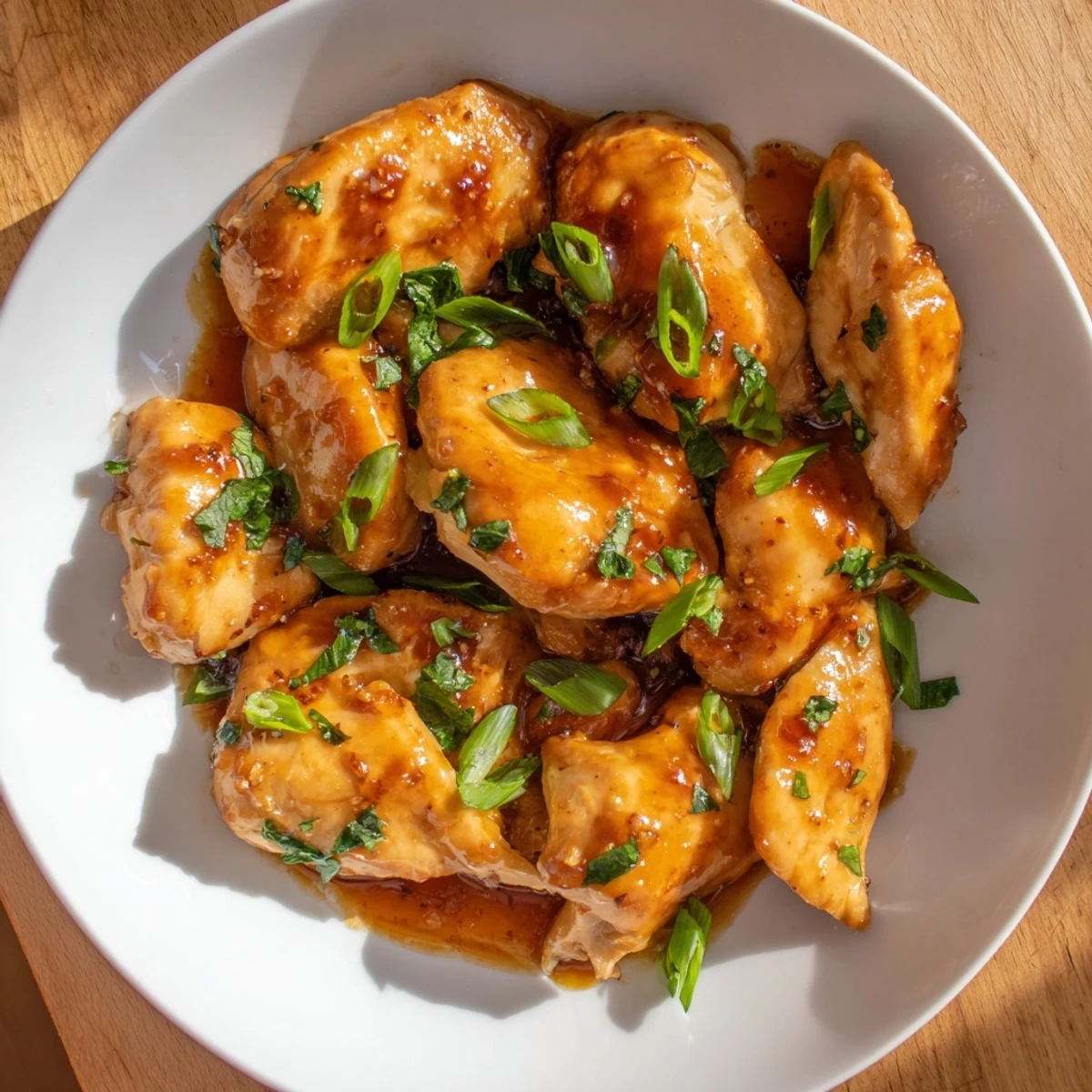 Classic Apricot Chicken served over fluffy white rice with steamed broccoli and fresh green onions.