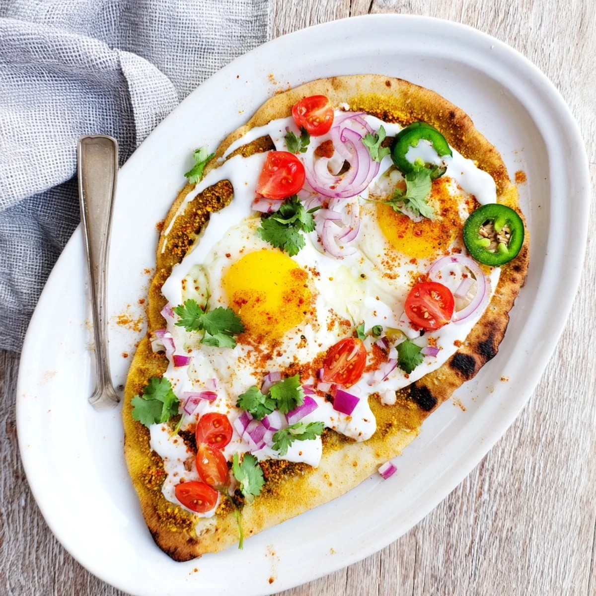 Warmly toasted naan topped with two curried fried eggs, their bright golden yolks pooling over a vibrant mix of diced tomato, red onion, and fresh cilantro.