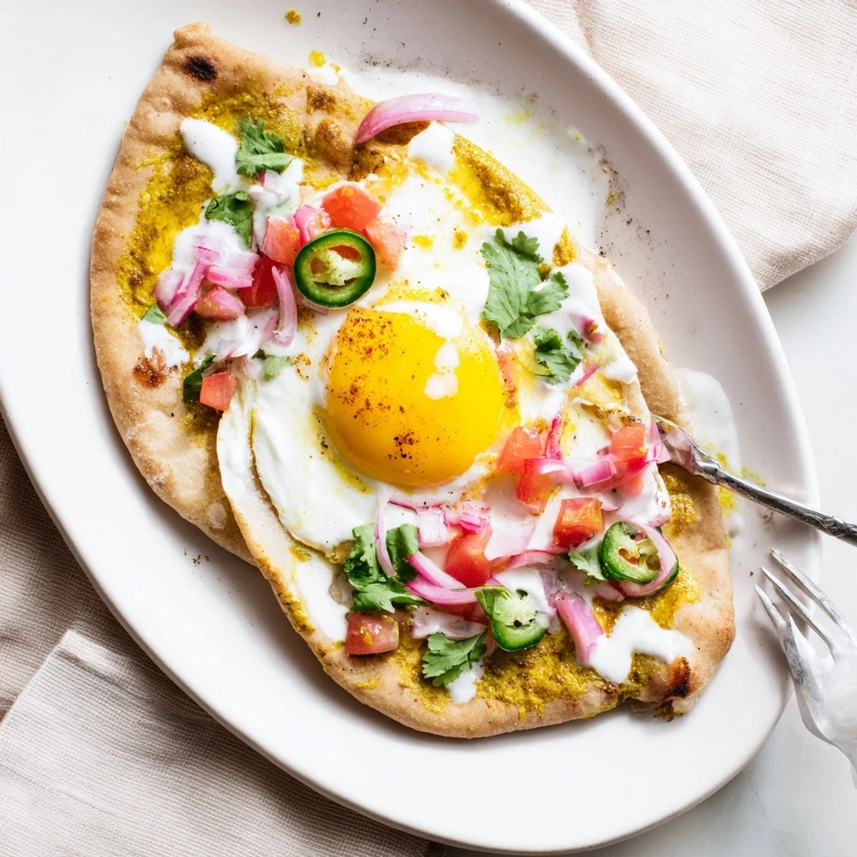 An easy Indian-inspired breakfast plate featuring spiced eggs on buttery naan, garnished with cilantro and red onion, perfect for a quick and flavorful meal.
