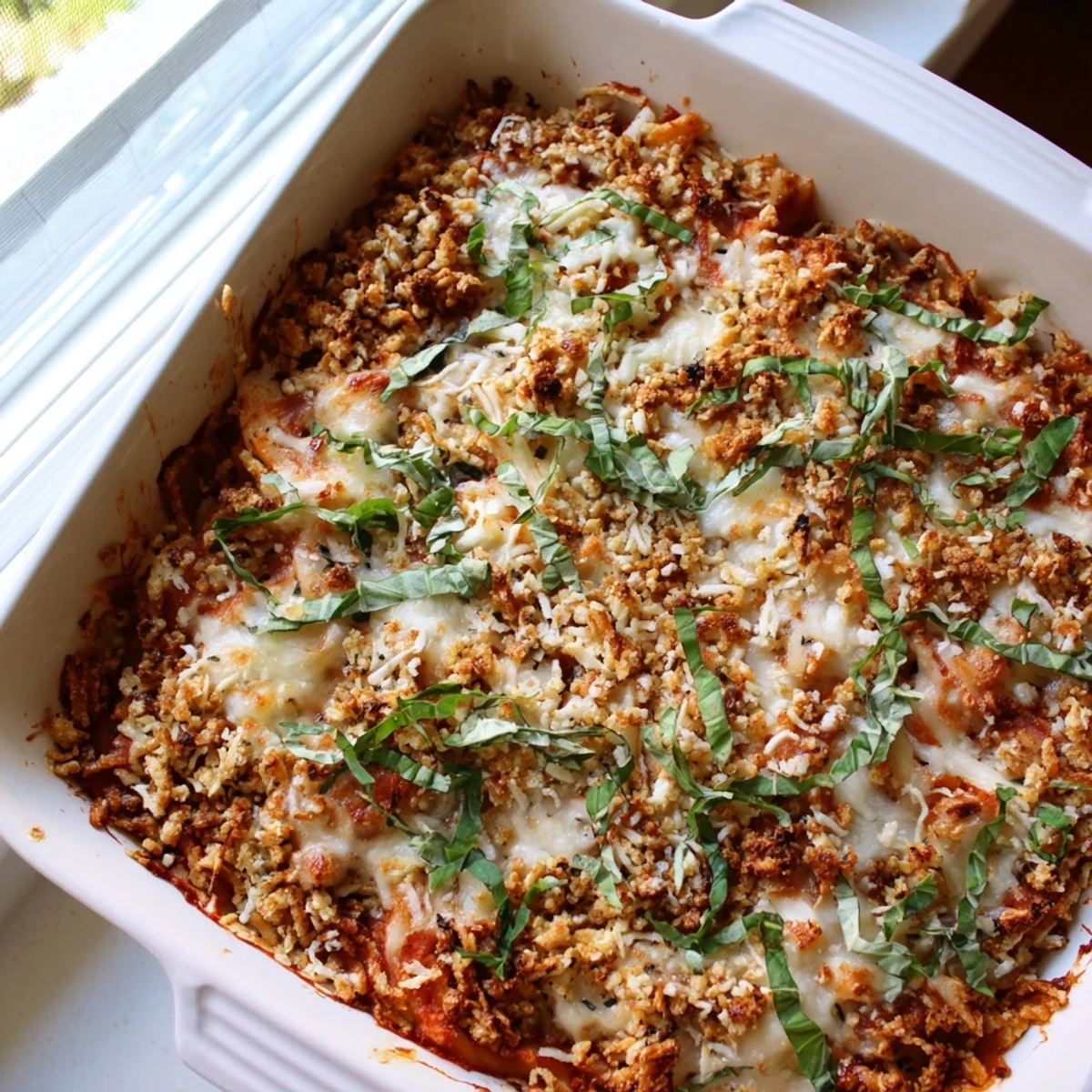 Forkful of Keto Chicken Parmesan Casserole featuring shredded chicken, rich cheese, and fresh basil garnish.  