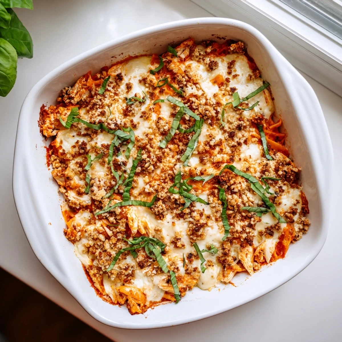 A close-up of Keto Chicken Parmesan Casserole bubbling with golden mozzarella and tangy marinara sauce.  
