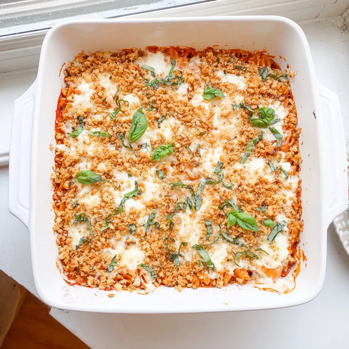 Freshly baked Keto Chicken Parmesan Casserole served hot with a side salad for a low-carb meal.