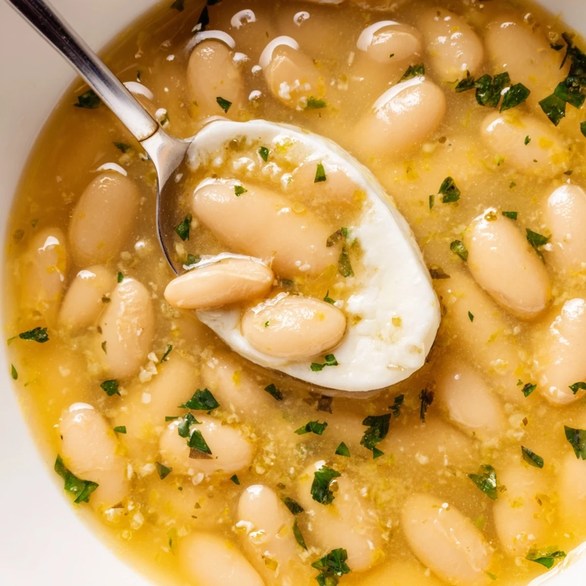 Steaming bowl of Miso Butter Brothy Beans with fresh parsley garnish and lemon zest.  