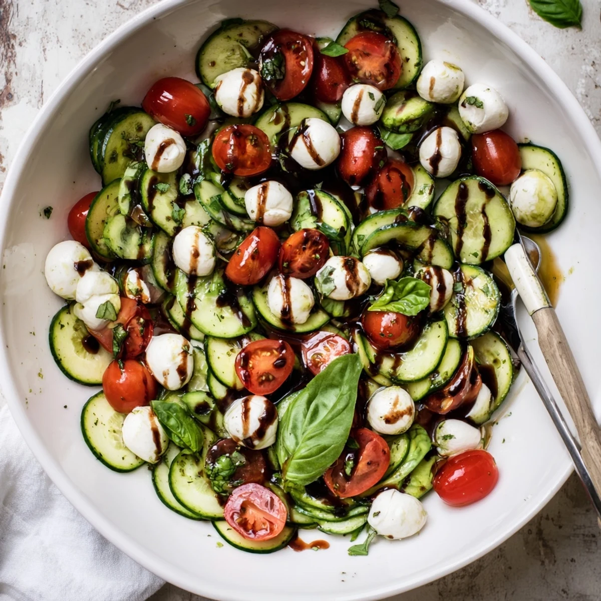 Juicy Cucumber Caprese Salad features crisp cucumbers and creamy mozzarella with ripe cherry tomatoes and balsamic glaze.  