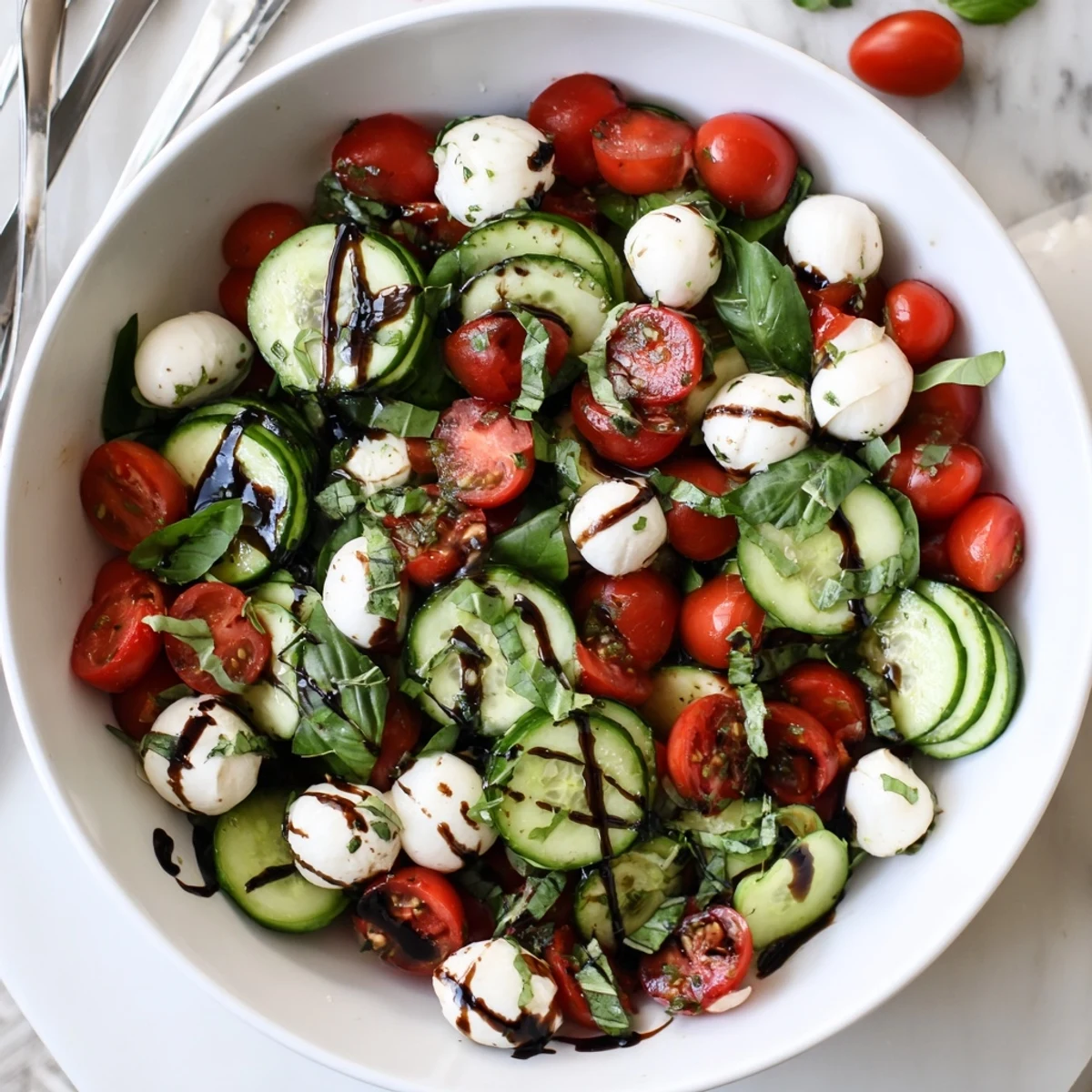 In this Juicy Cucumber Caprese Salad, torn fresh basil adds fragrance to the vibrant chilled vegetable medley.  
