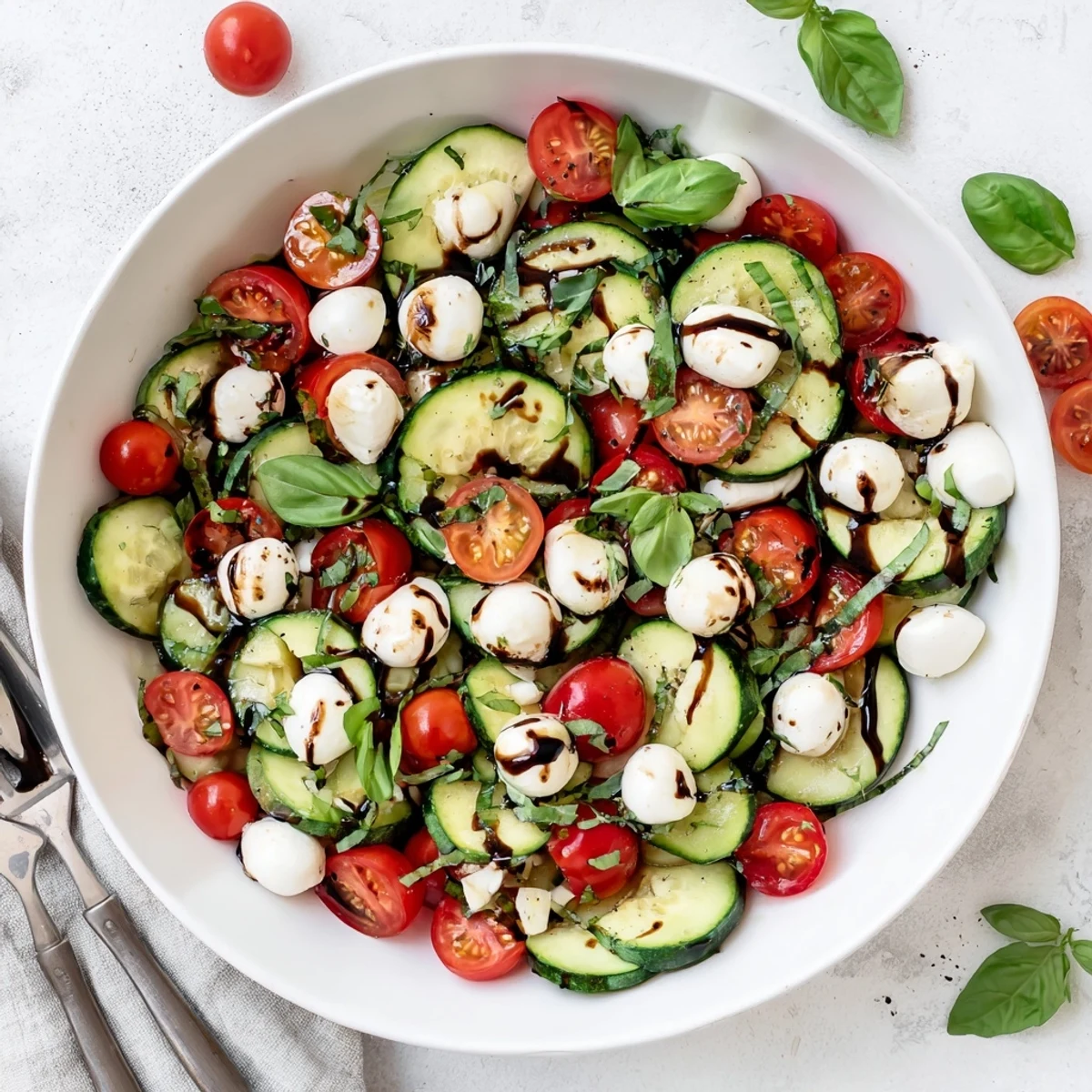 Serve this Juicy Cucumber Caprese Salad on a platter, highlighting juicy tomatoes and mozzarella balls for a summer lunch.