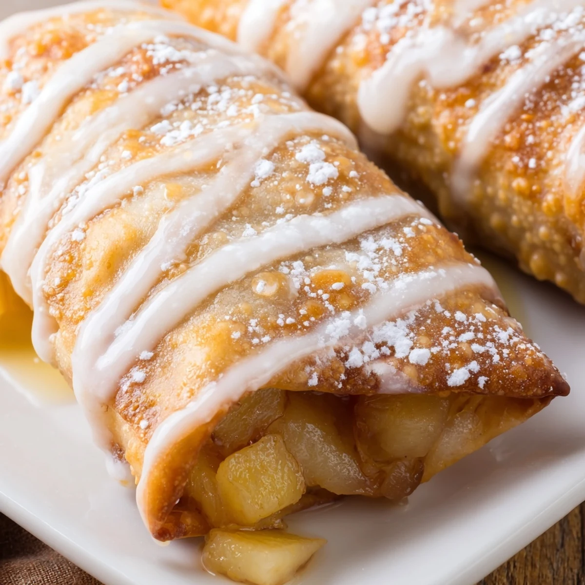 Crispy golden Peach Cobbler Egg Rolls filled with sweet peaches and warm spices, drizzled with vanilla glaze on a plate.  