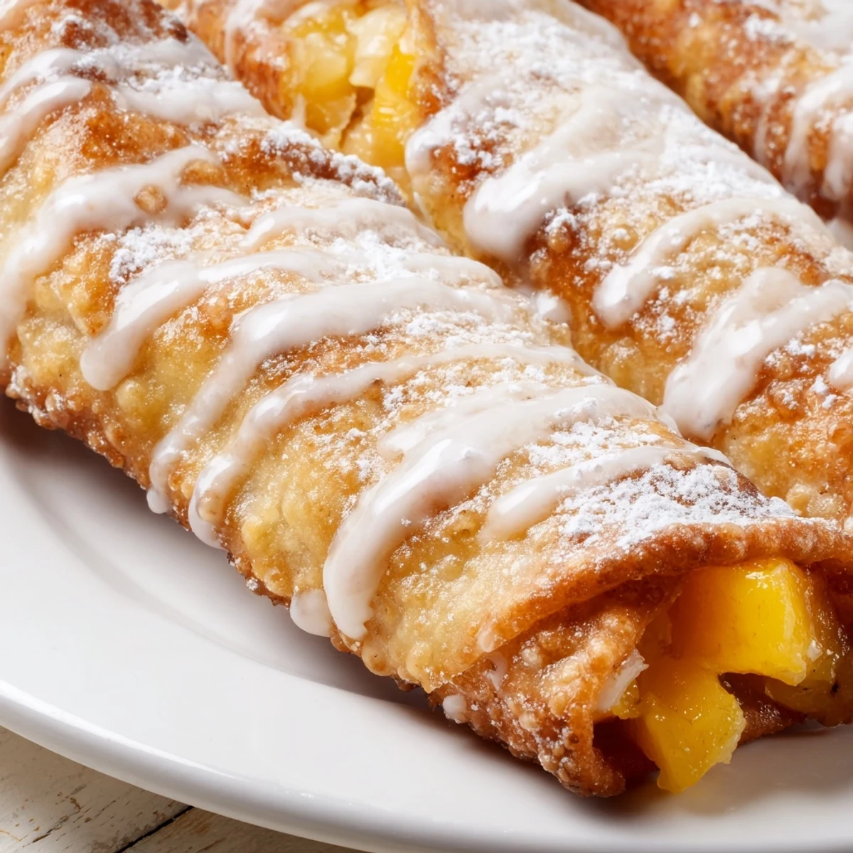 Homemade Peach Cobbler Egg Rolls stacked high, showcasing juicy peach filling and a light drizzle of vanilla icing.  