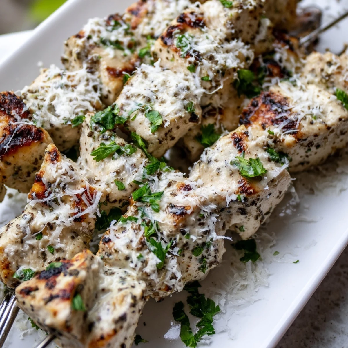 Golden-brown Ranch Garlic Parmesan Chicken Skewers fresh off the grill with melted cheese and fresh parsley garnish.  