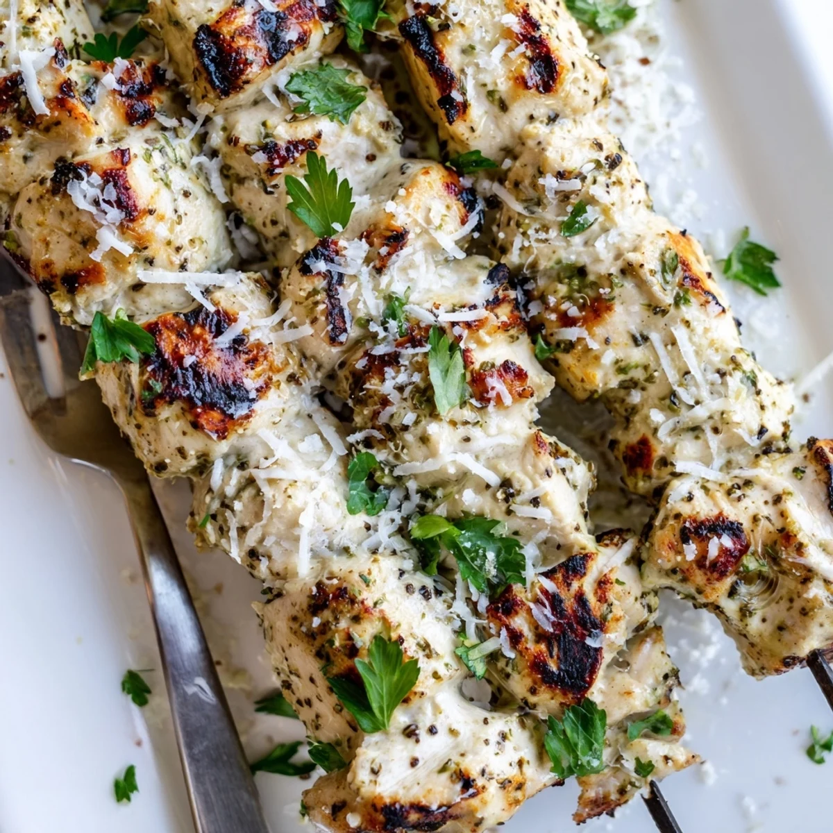 Ranch Garlic Parmesan Chicken Skewers served on a platter with grilled vegetables and lemon wedges for summer barbecue.