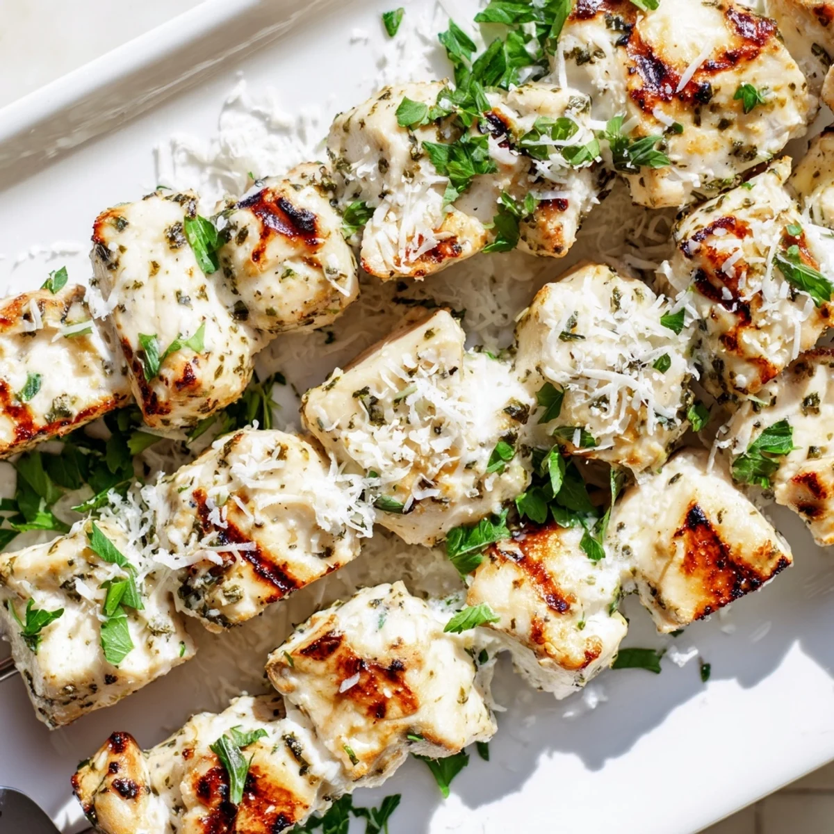 Close-up of Ranch Garlic Parmesan Chicken Skewers showing juicy grilled chicken cubes and creamy marinade drips.  
