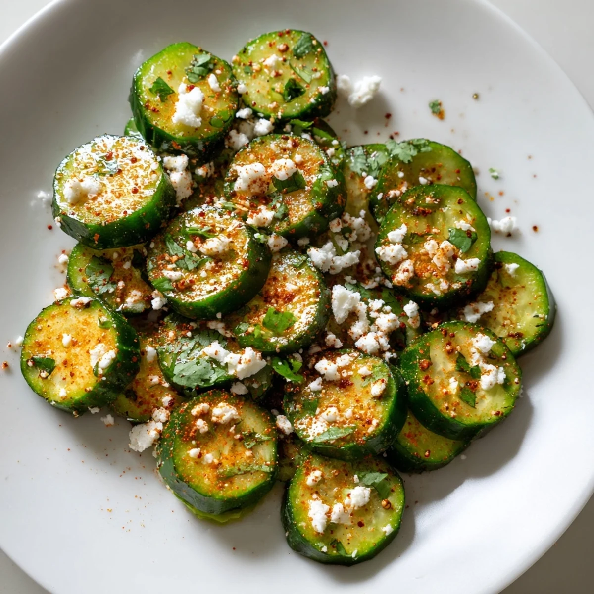 Freshly prepared Mexican Style Cucumbers garnished with cilantro, served in a glass bowl on a summer picnic table.